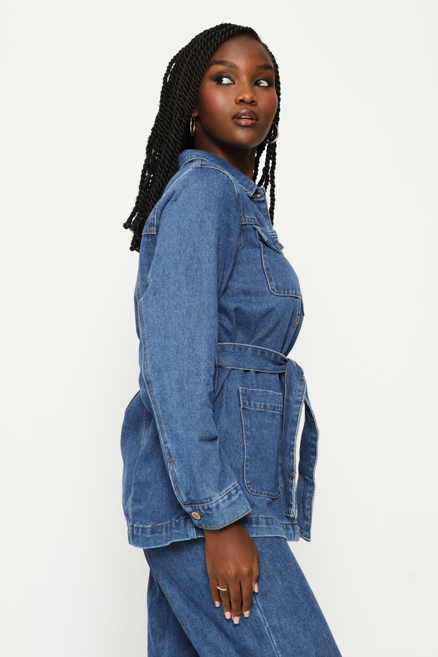 Long Length Self Belt Denim Shacket - Dark Wash - Image 3