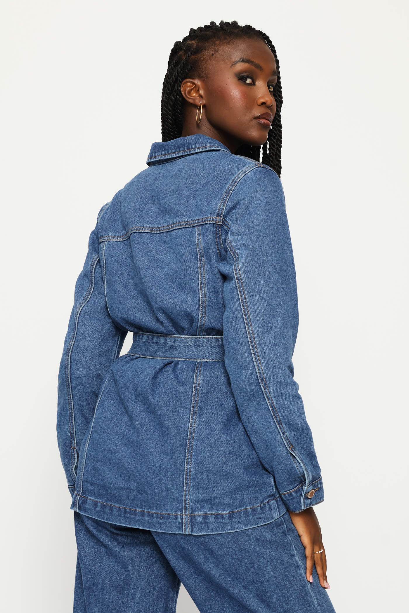 Long Length Self Belt Denim Shacket - Dark Wash - Image 4