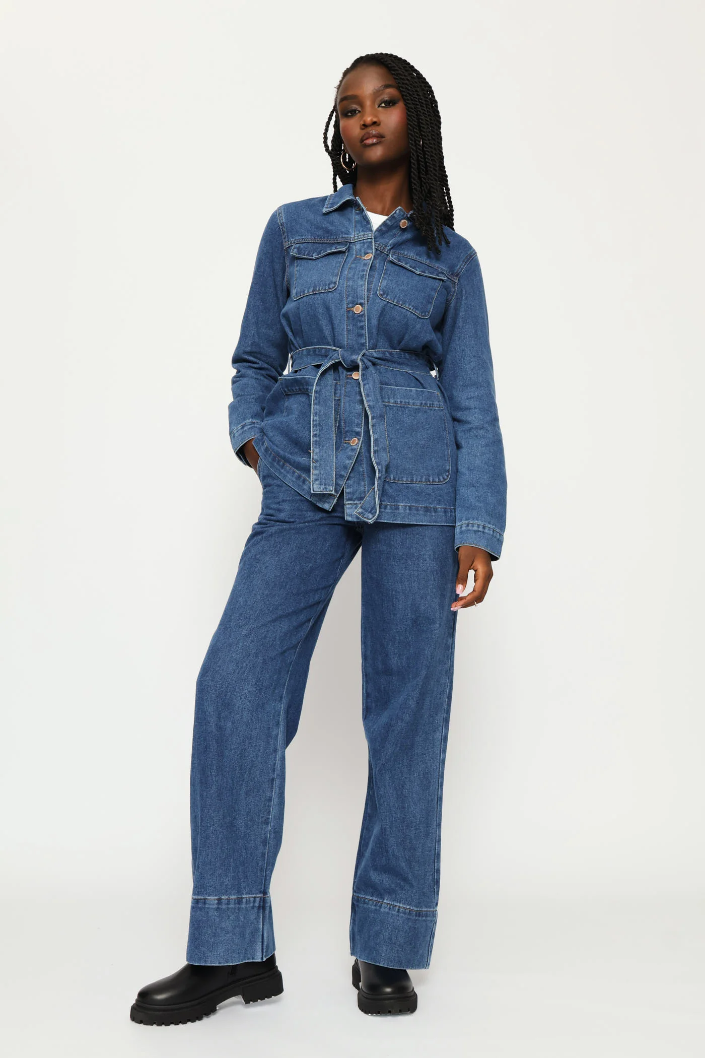 Long Length Self Belt Denim Shacket - Dark Wash - Image 5
