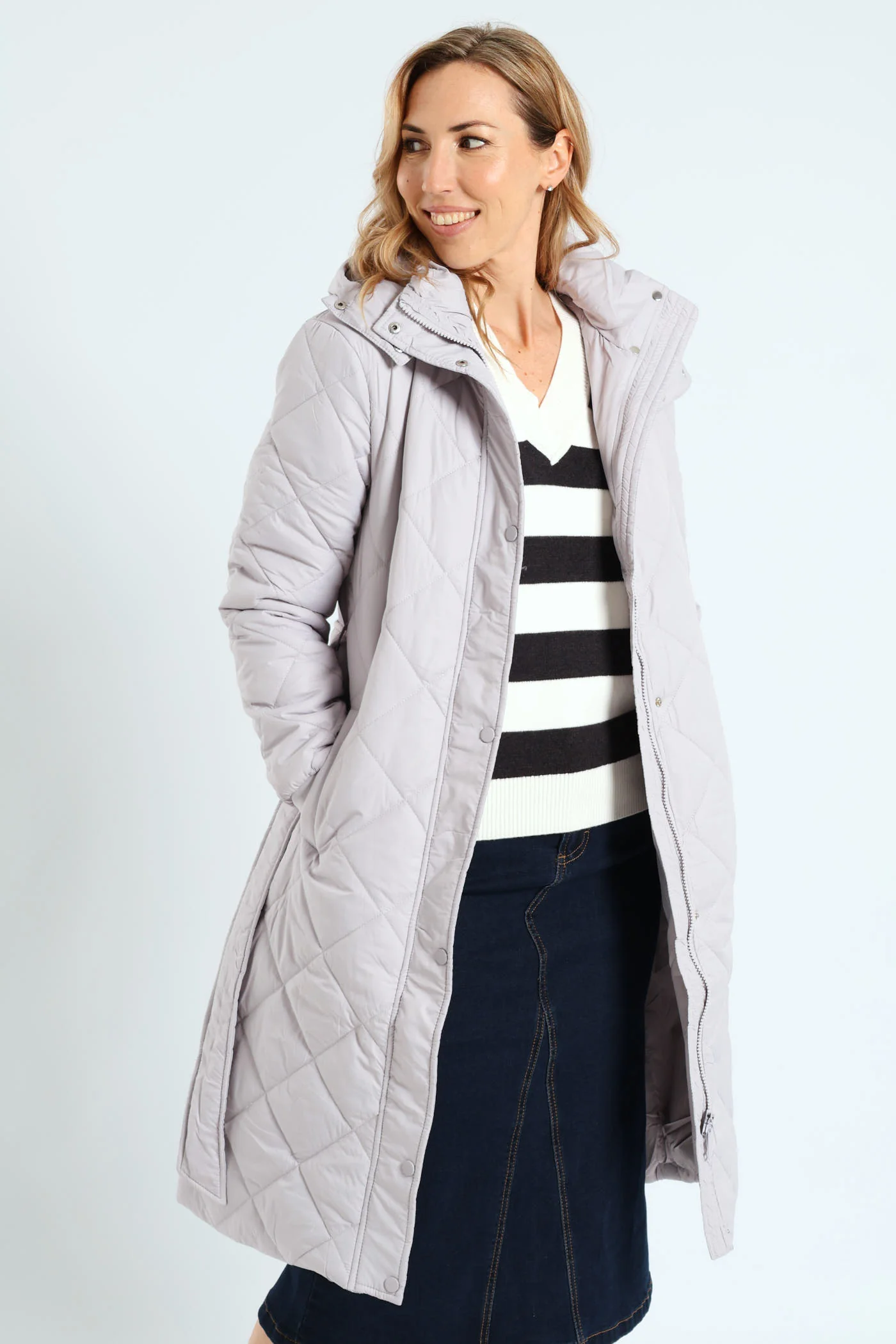 Long Length Tonal Zip Quilted Puffer Jacket - Silver Grey - Image 6