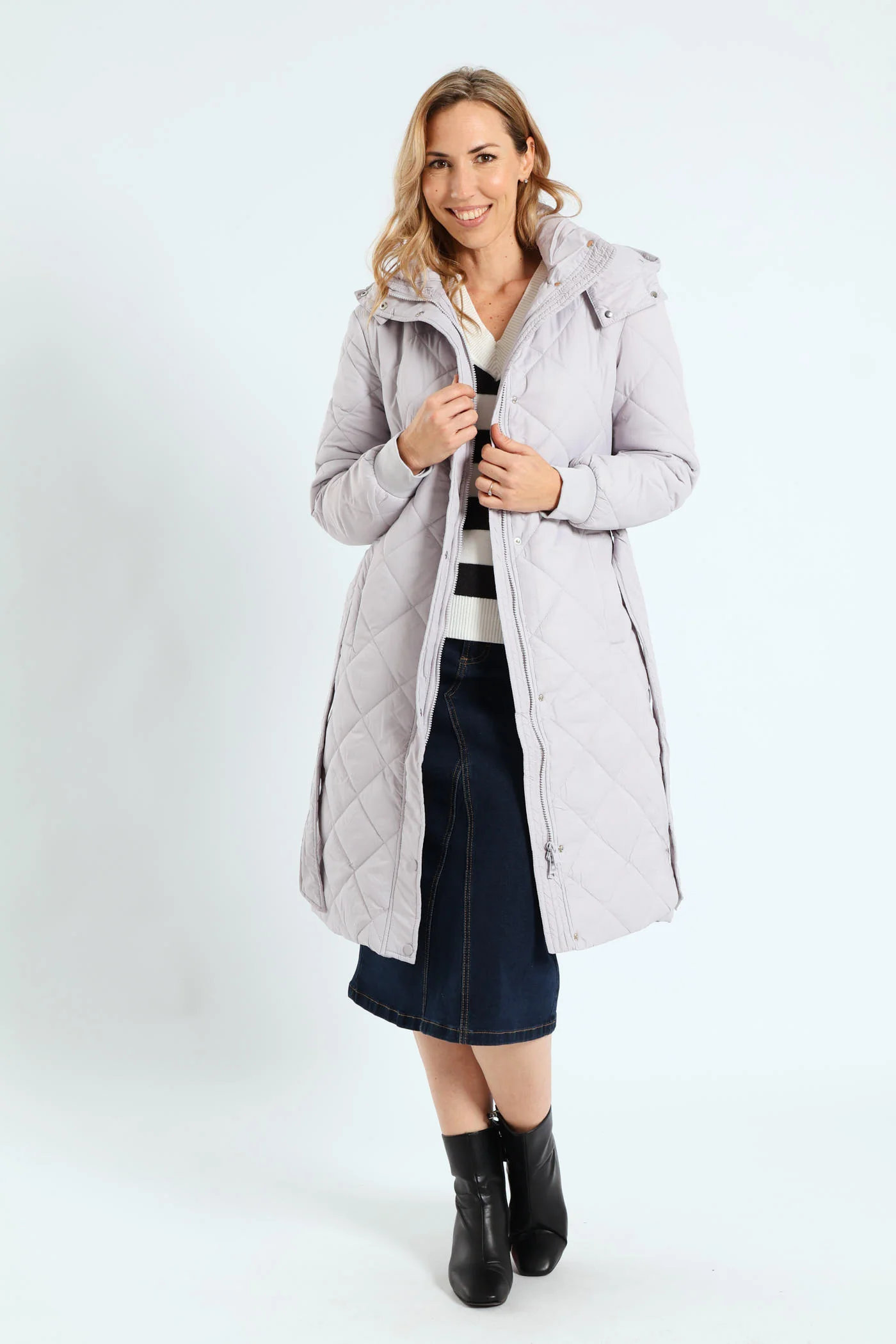 Long Length Tonal Zip Quilted Puffer Jacket - Silver Grey - Image 7