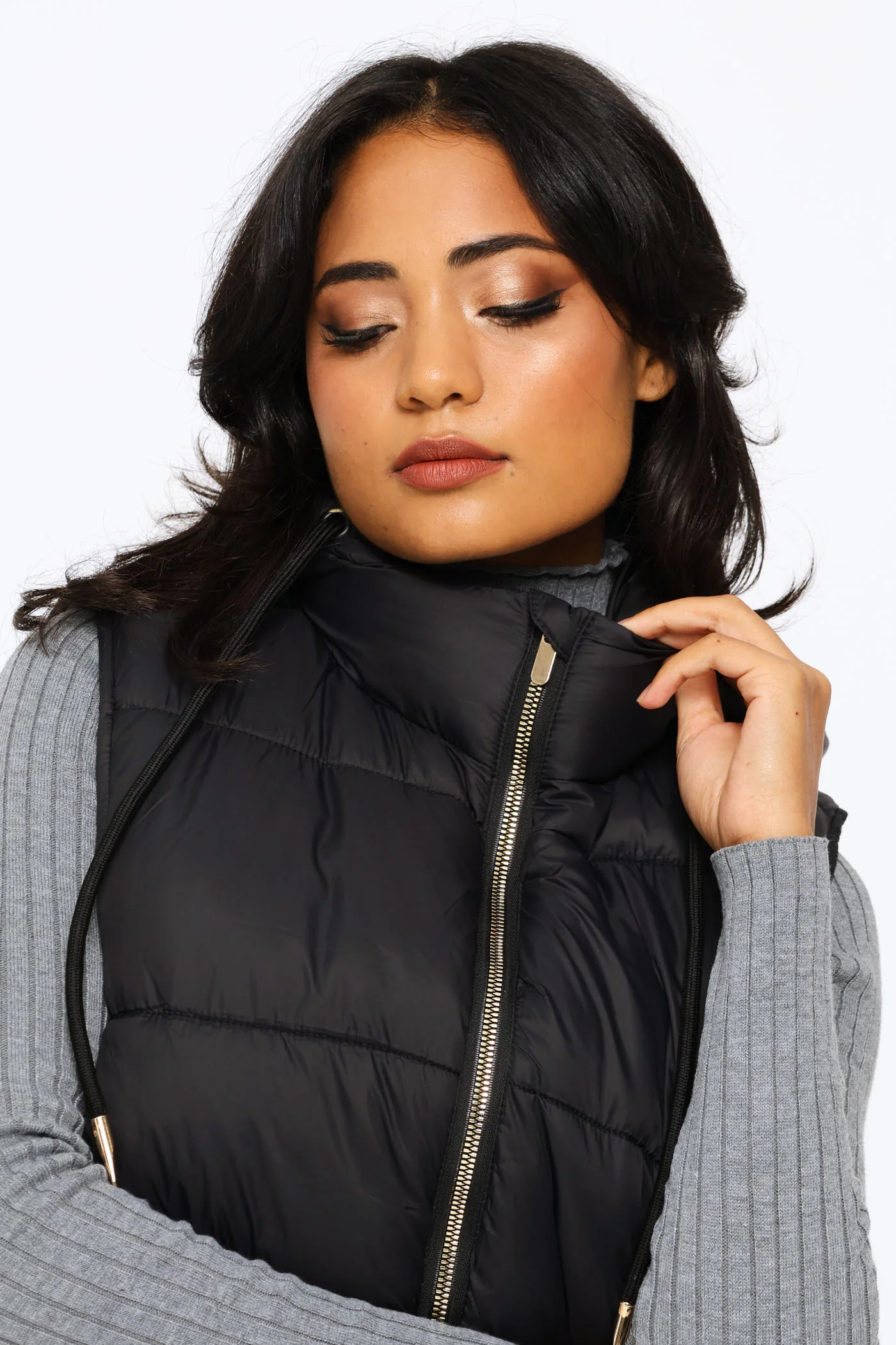 Long Length Zip Detail Puffer Gilet - Black - Image 2