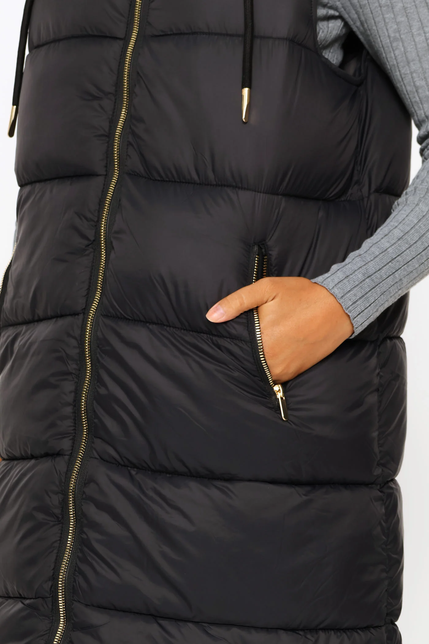 Long Length Zip Detail Puffer Gilet - Black - Image 3