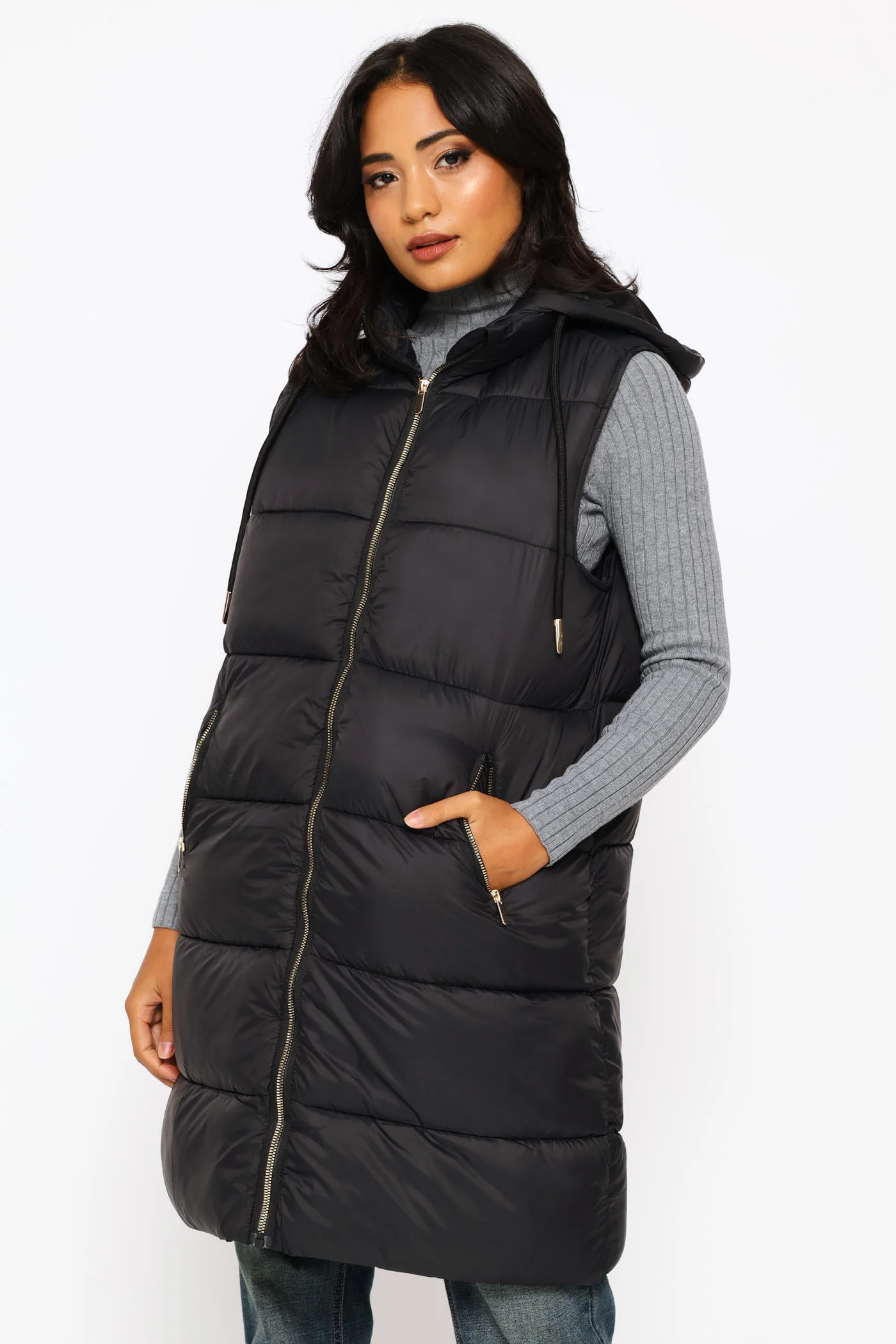 Long Length Zip Detail Puffer Gilet - Black - Image 4