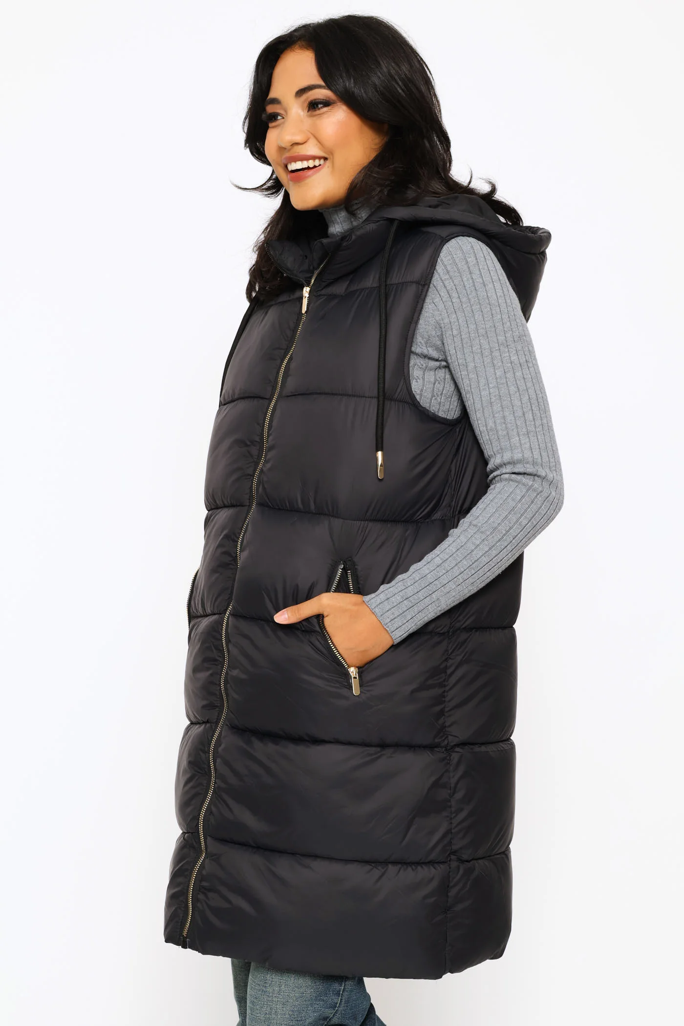 Long Length Zip Detail Puffer Gilet - Black - Image 5