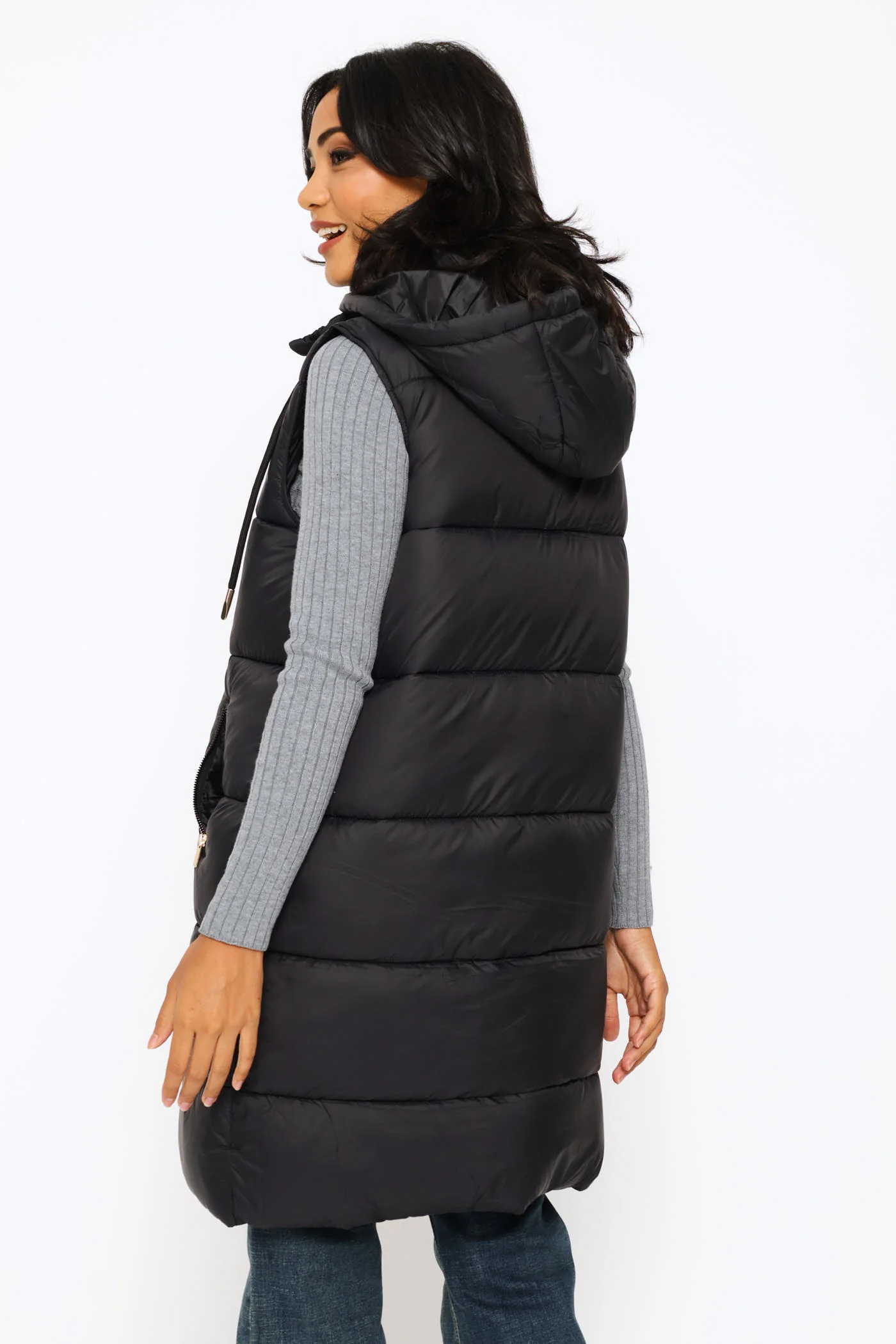 Long Length Zip Detail Puffer Gilet - Black - Image 6