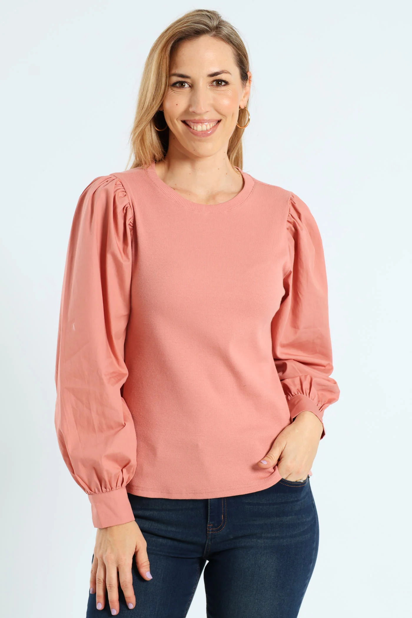 Long Puff Sleeve Rib Combo Tee - Dusty Rose - Image 2