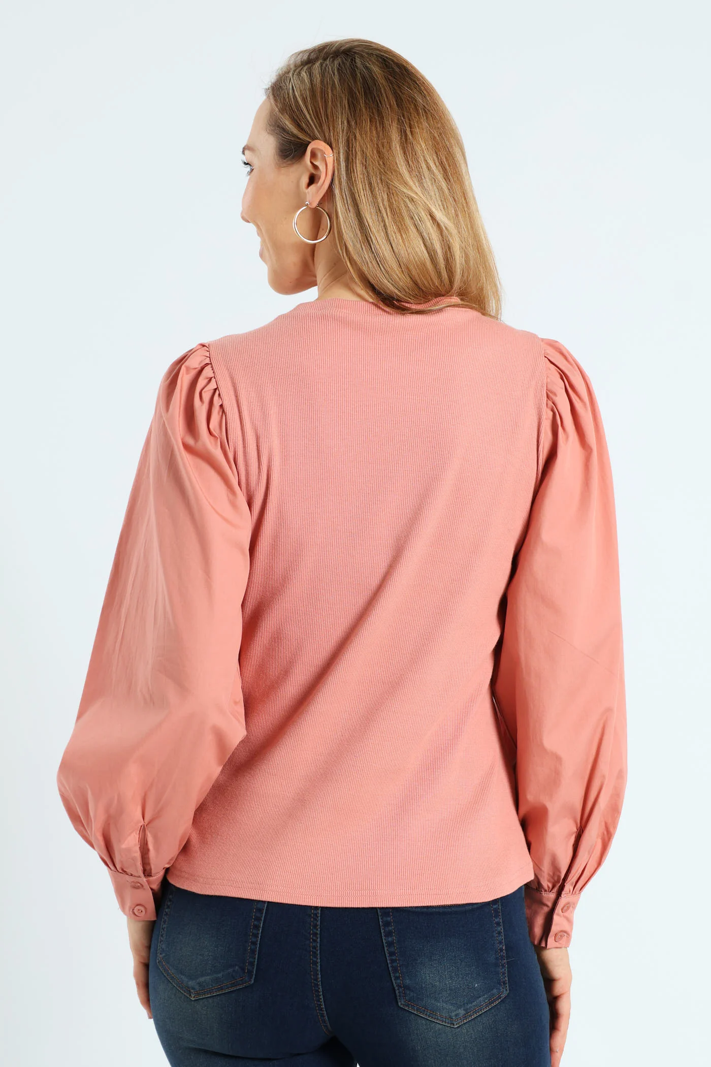 Long Puff Sleeve Rib Combo Tee - Dusty Rose - Image 3