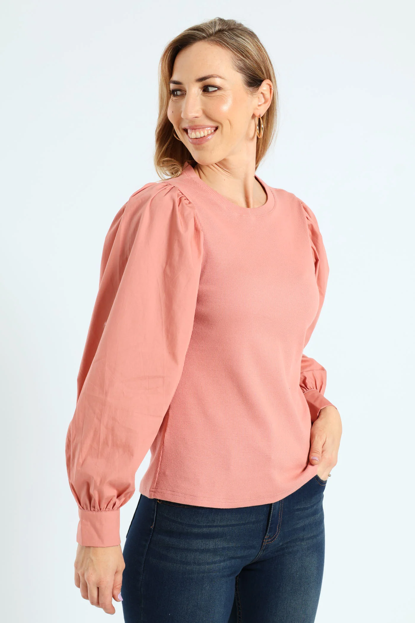 Long Puff Sleeve Rib Combo Tee - Dusty Rose - Image 4