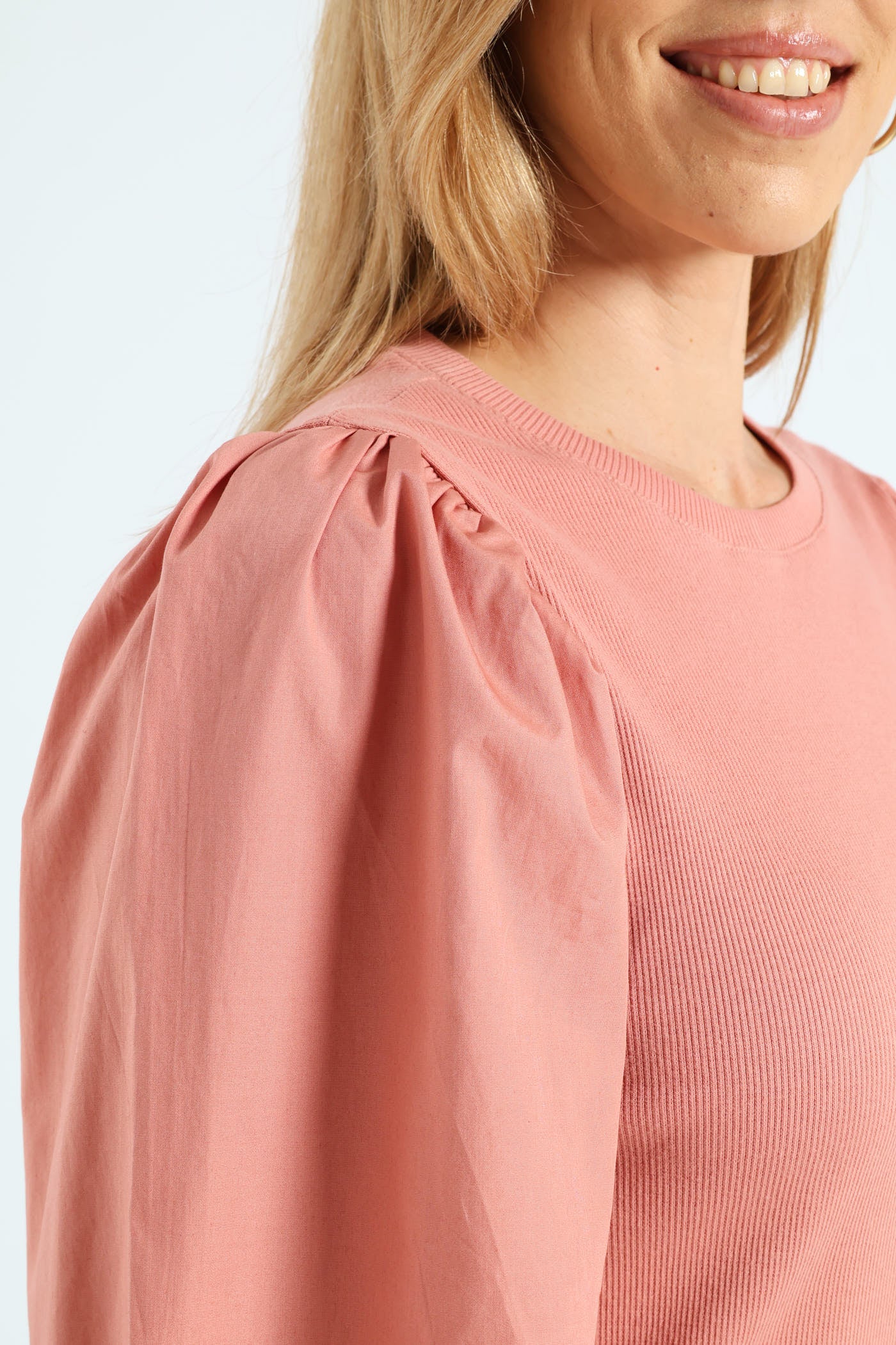 Long Puff Sleeve Rib Combo Tee - Dusty Rose - Image 6