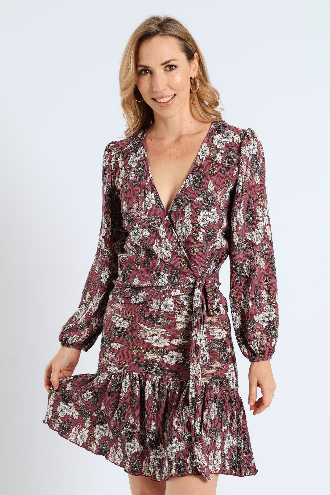 Long Sleep Wrap Plisse Top - Mauve - Image 2