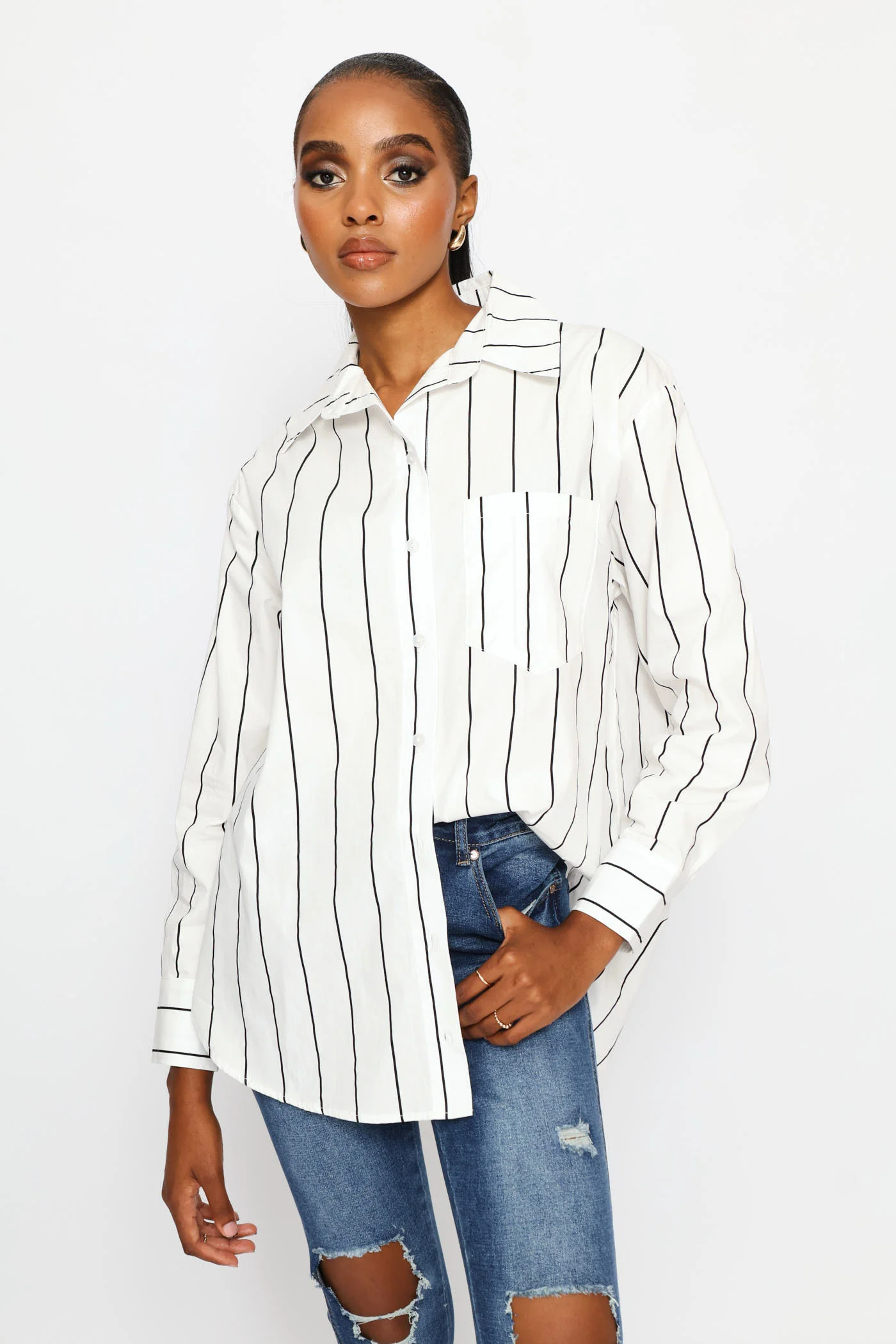 Long Sleeve 1 Pocket Oversized Poplin Shirt - Black/Cream - Image 3
