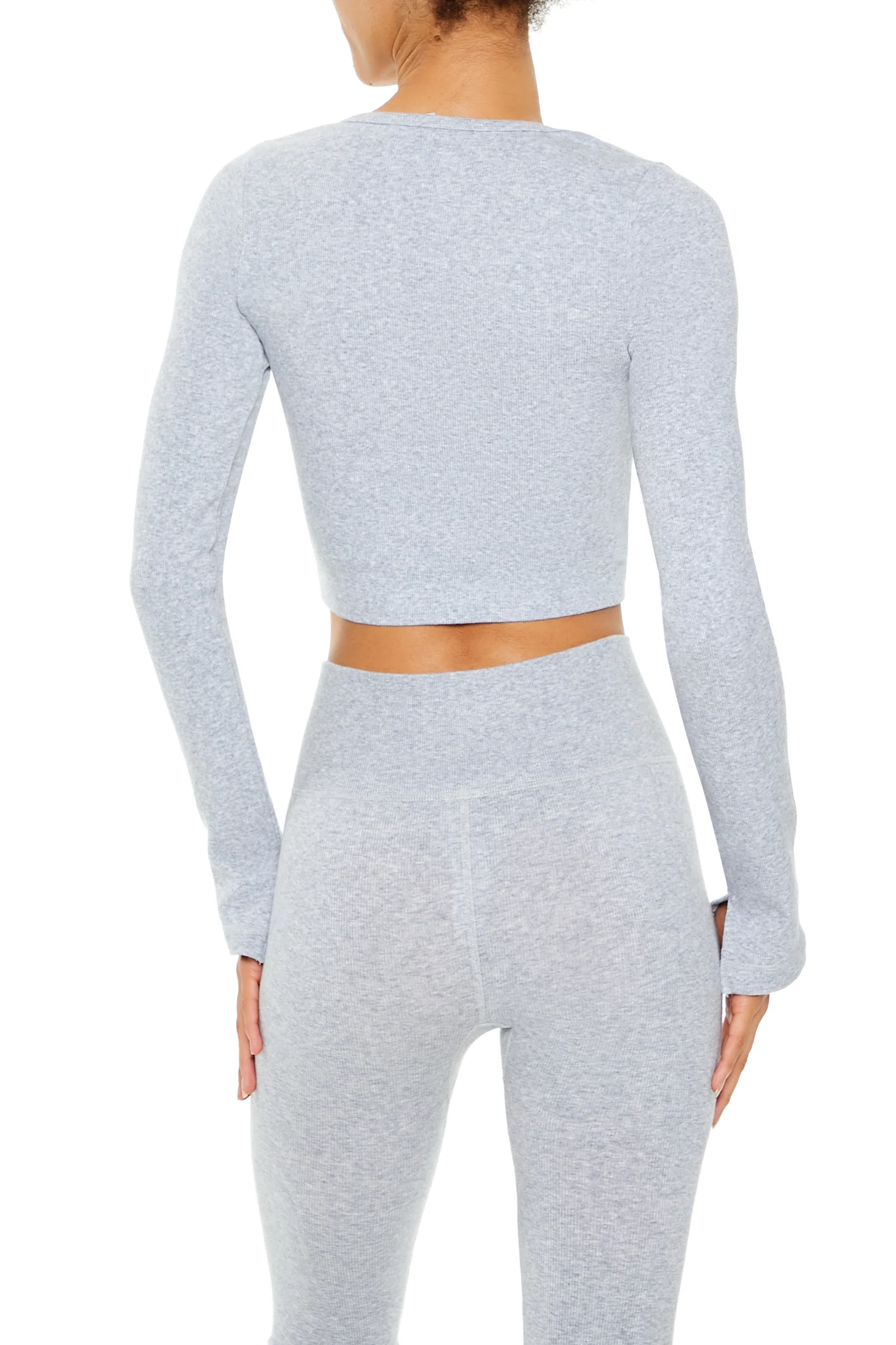 Long Sleeve Active Knit Crop Top - Grey - Image 4