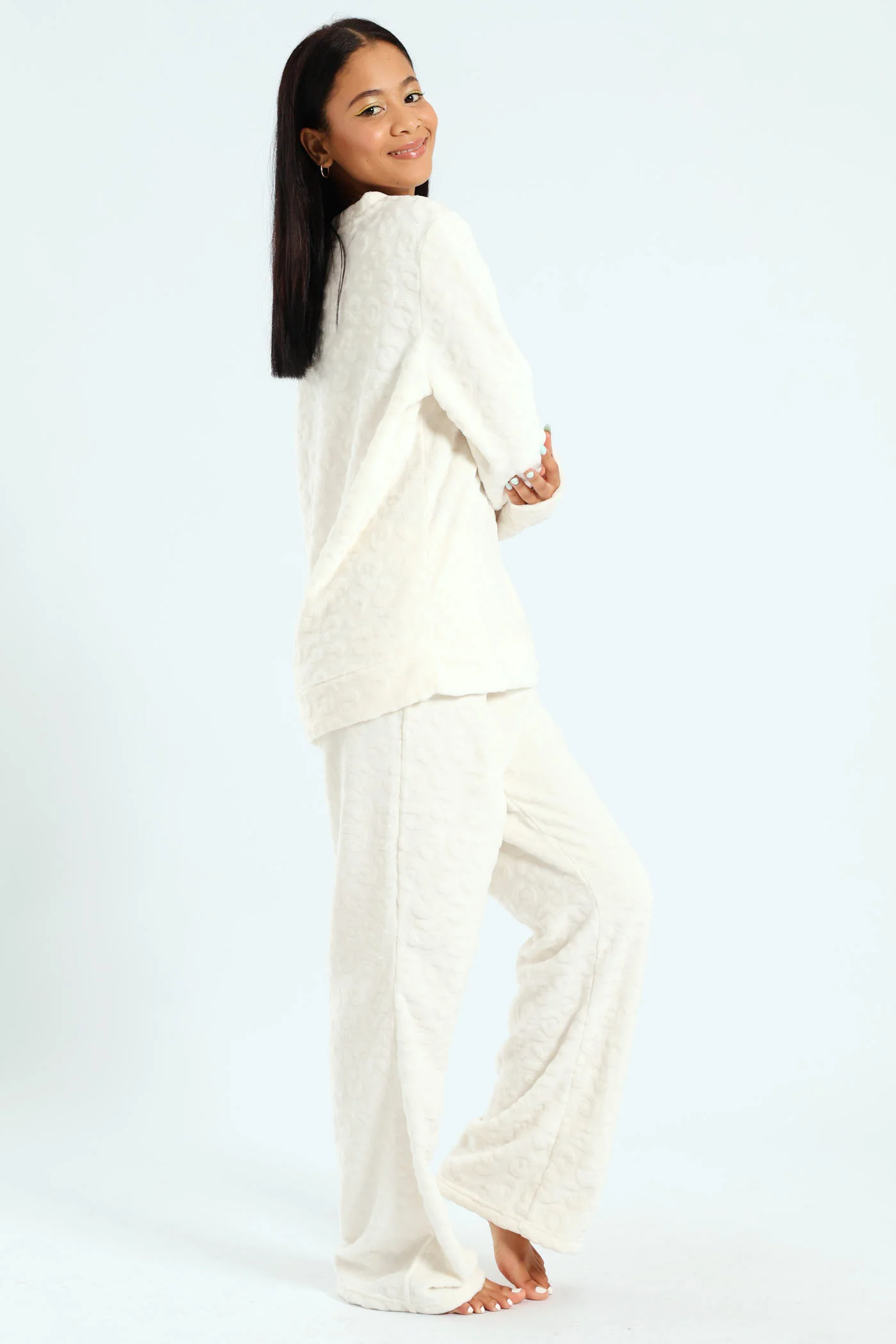 Long Sleeve & Cosy Flare Leg Sleep Set - Cream - Image 3