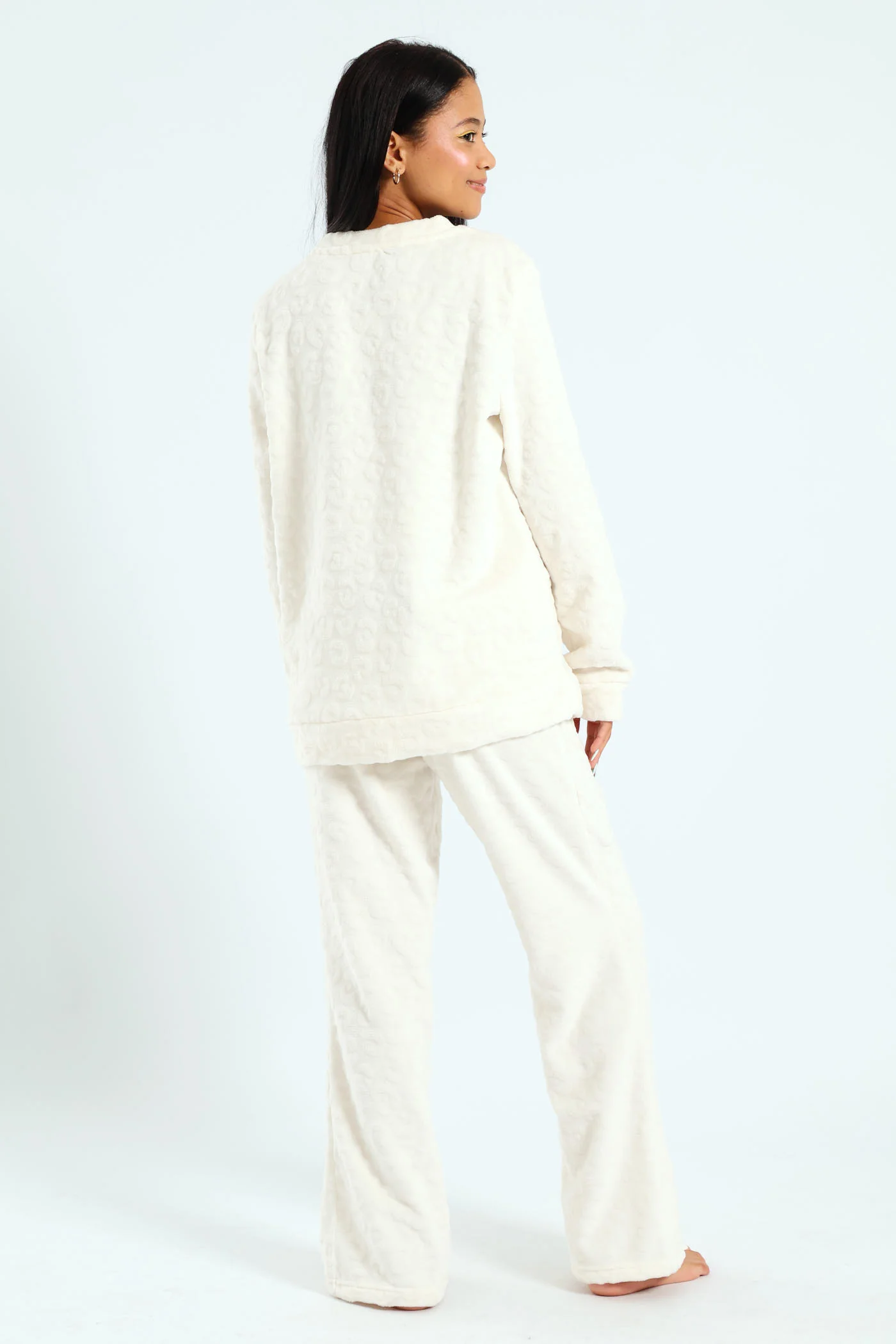 Long Sleeve & Cosy Flare Leg Sleep Set - Cream - Image 4