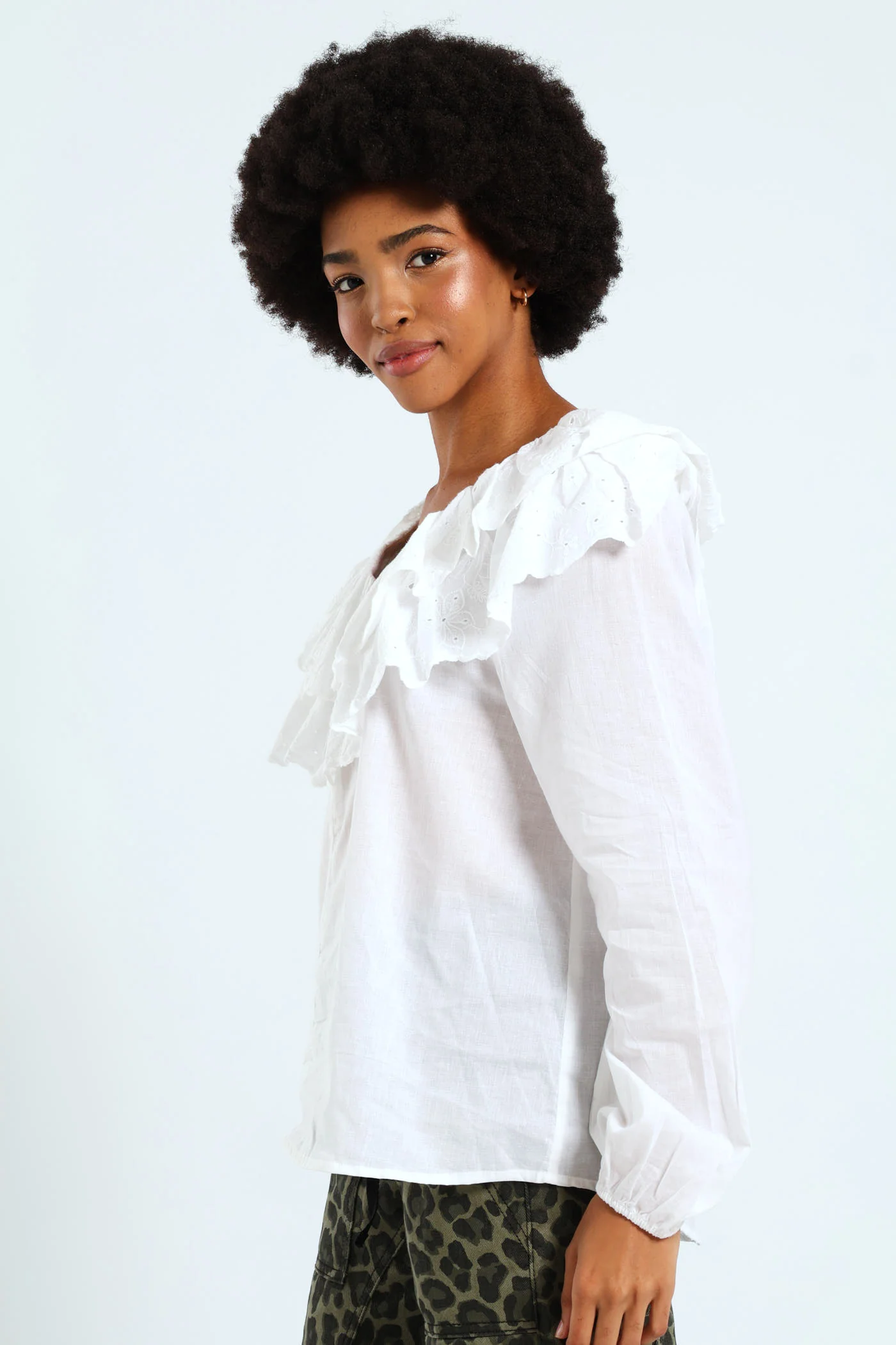 Long Sleeve Anglaise Ruffle Blouse - White - Image 2