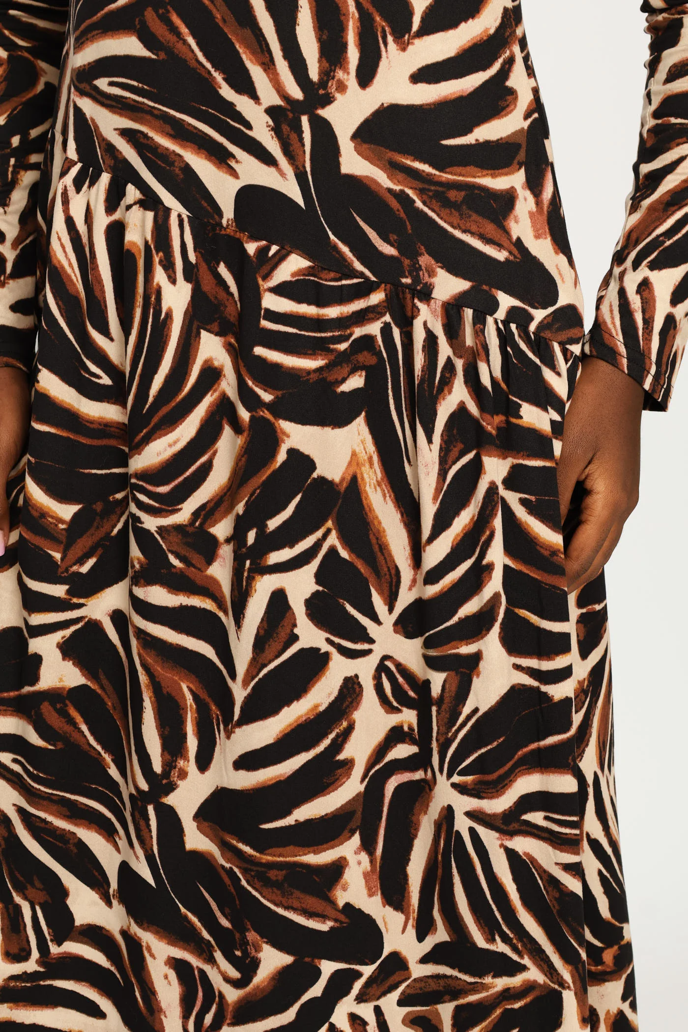 Long Sleeve Asymetrical Print Flare Midi Dress - Cream/Chocolate - Image 2
