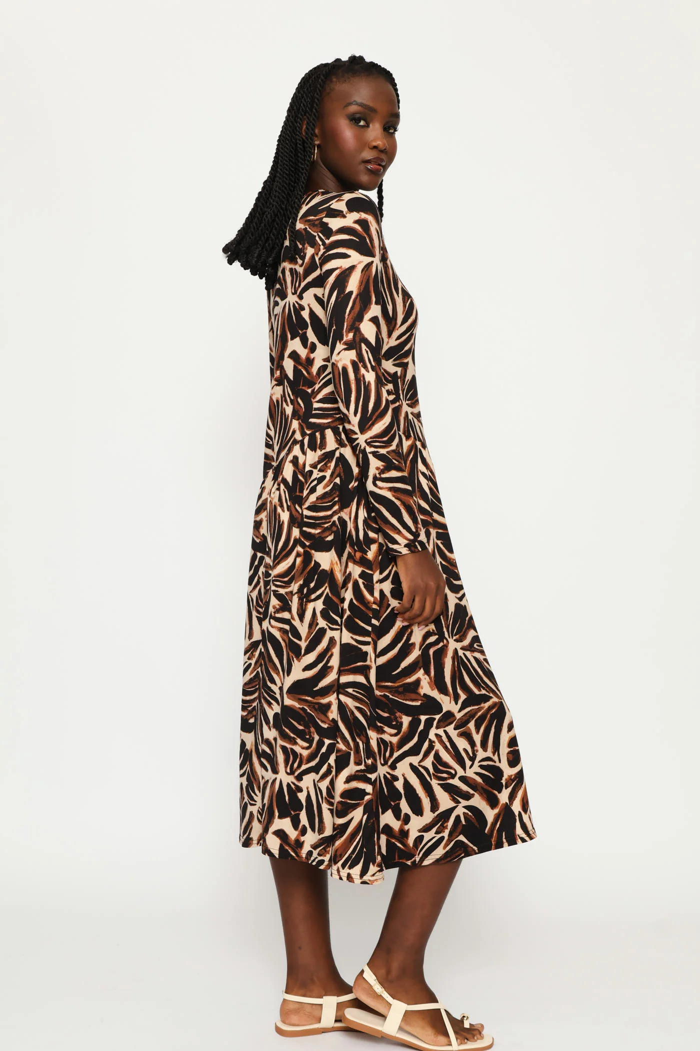 Long Sleeve Asymetrical Print Flare Midi Dress - Cream/Chocolate - Image 3