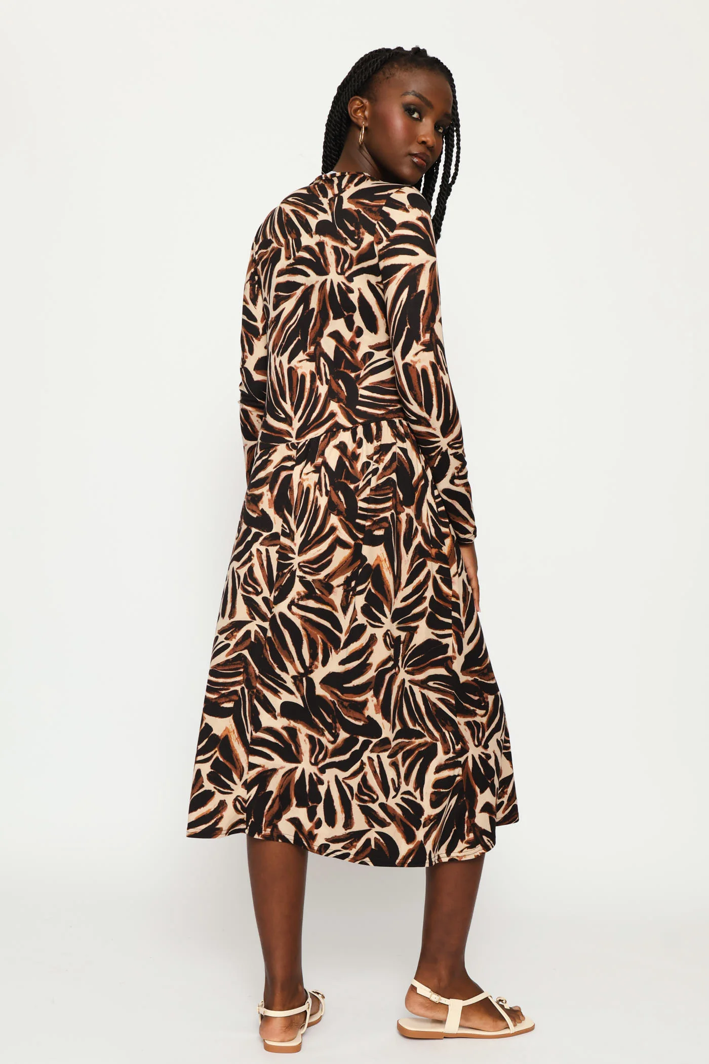 Long Sleeve Asymetrical Print Flare Midi Dress - Cream/Chocolate - Image 4