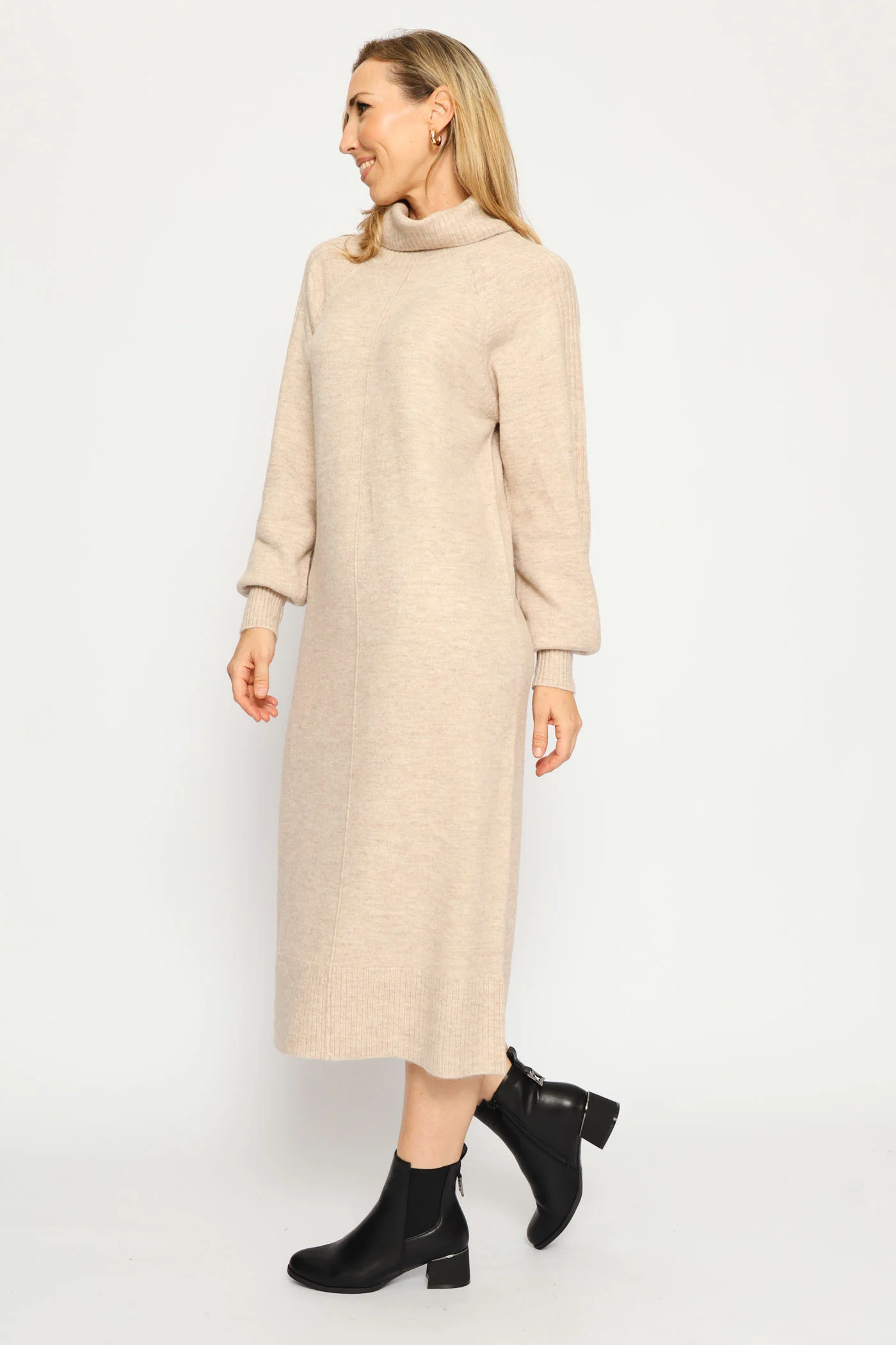 Long Sleeve Balloon Sleeve Roll Neck Jersey Midi Dress - Oatmeal Melange - Image 3