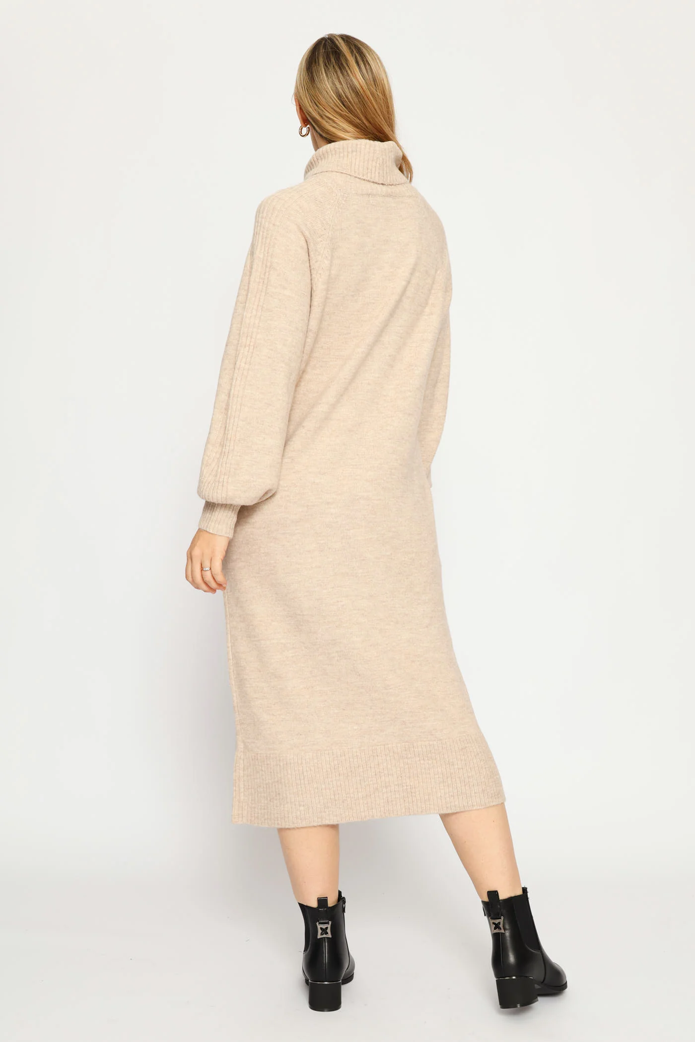 Long Sleeve Balloon Sleeve Roll Neck Jersey Midi Dress - Oatmeal Melange - Image 4