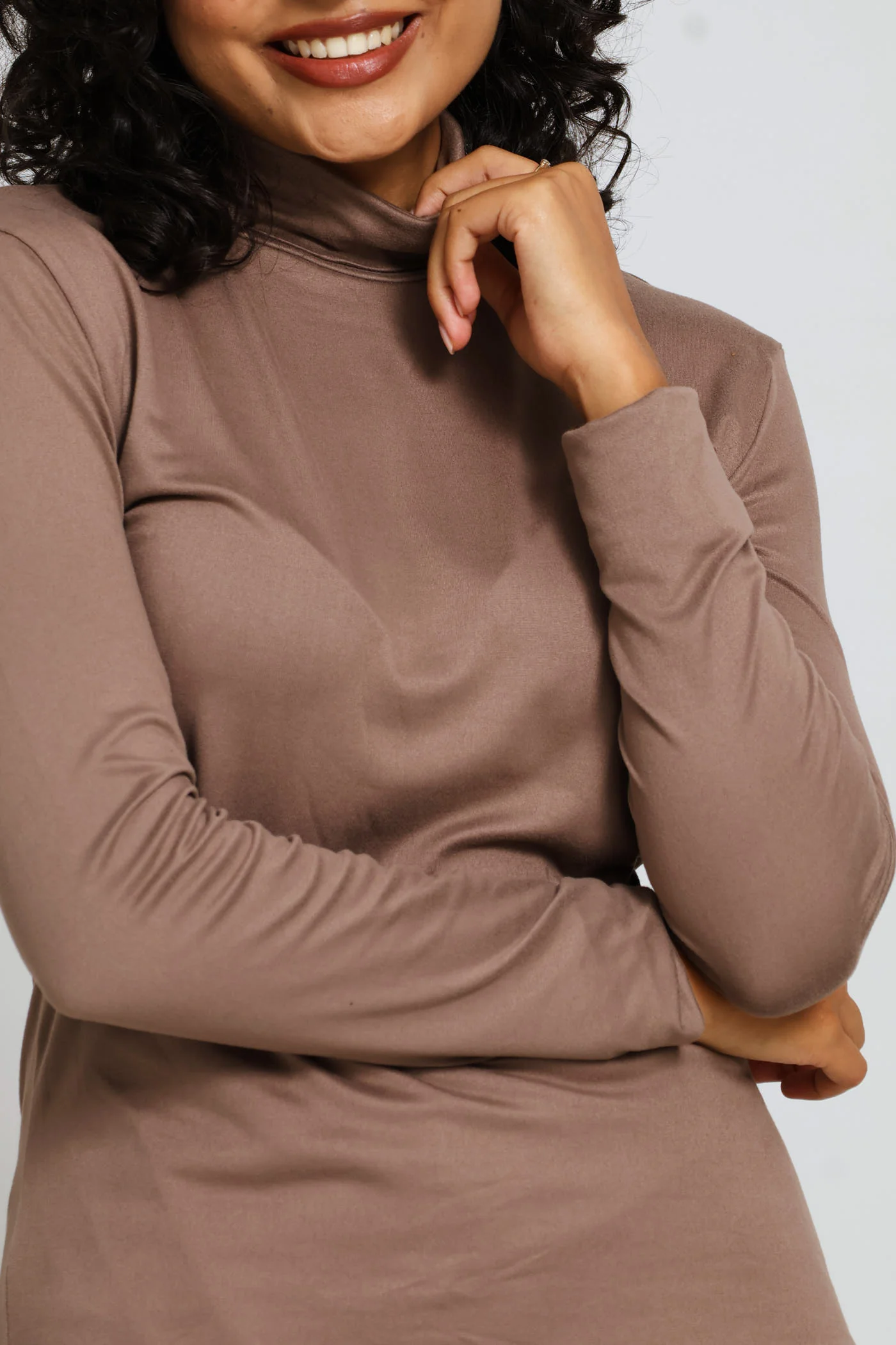 Long Sleeve Basic Poloneck Top - Taupe - Image 2