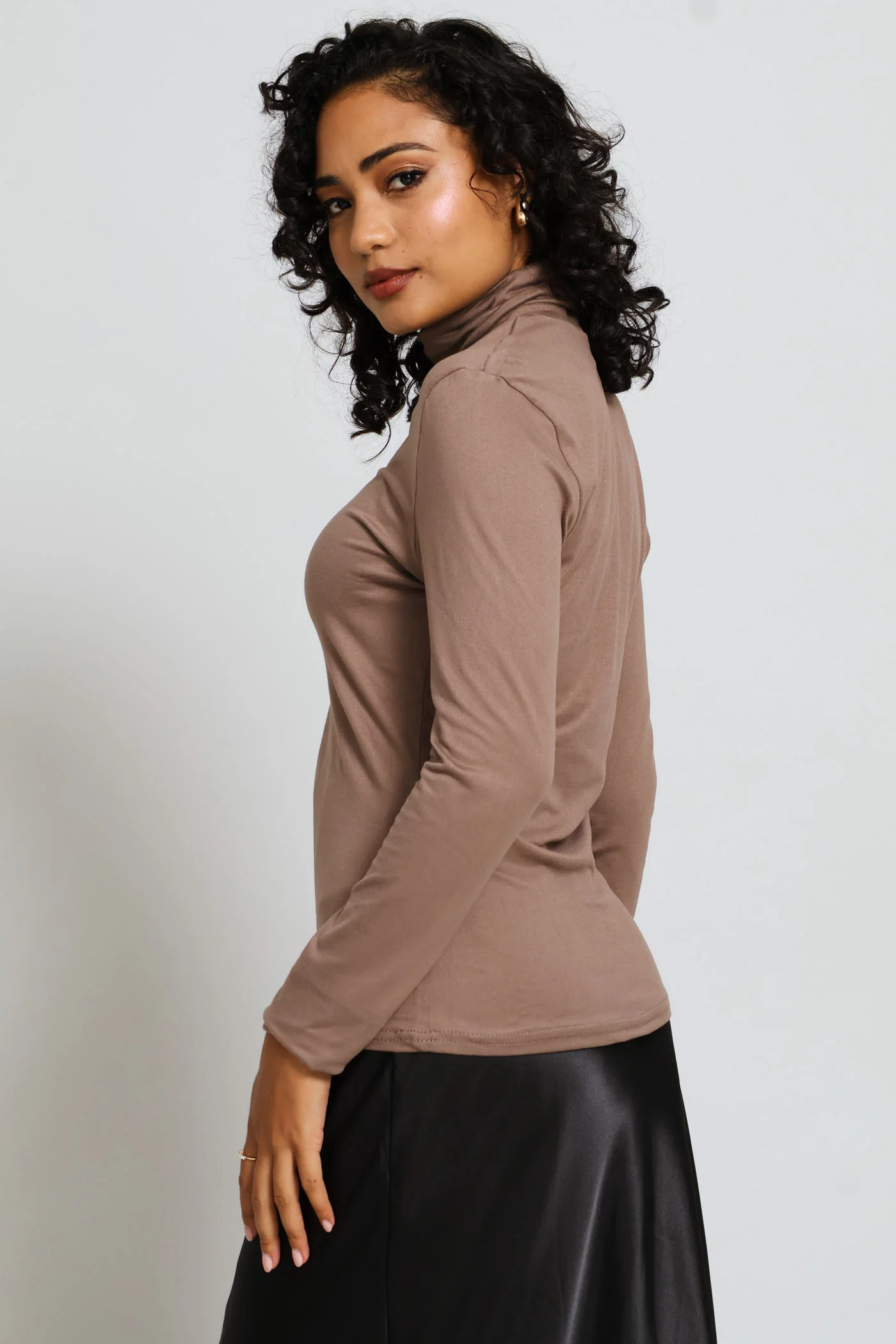 Long Sleeve Basic Poloneck Top - Taupe - Image 3