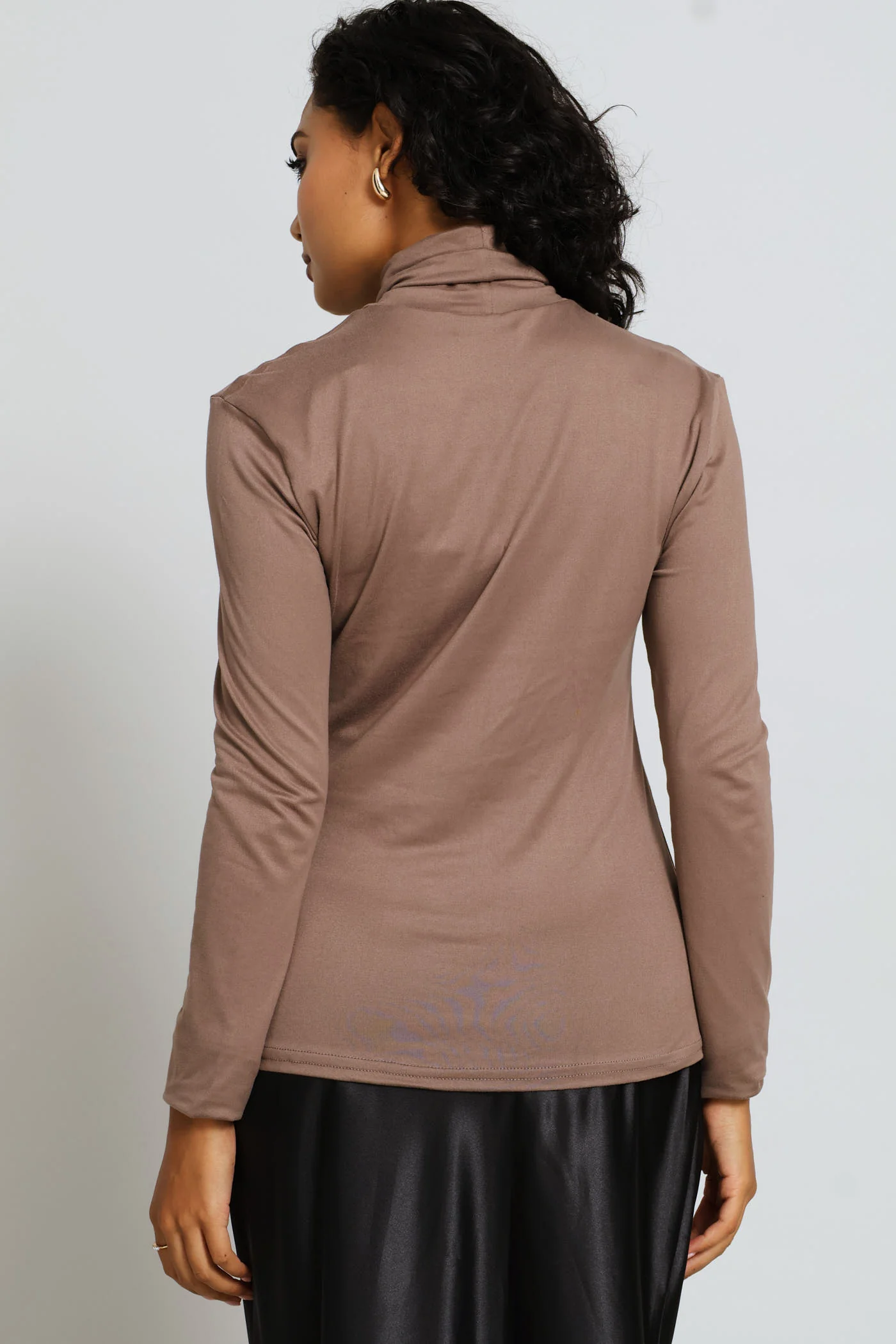 Long Sleeve Basic Poloneck Top - Taupe - Image 4