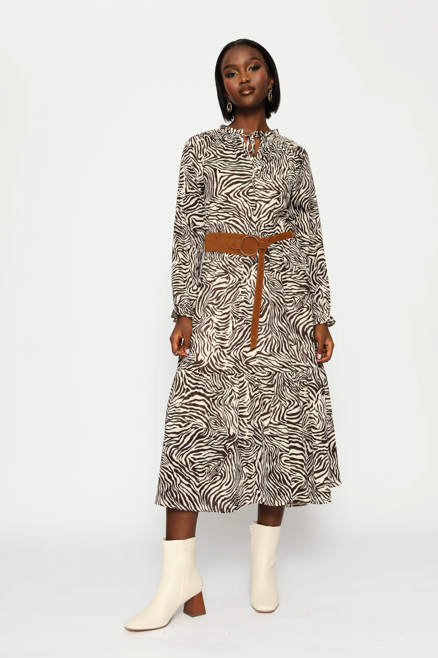 Long Sleeve Belted Boho Tiered Maxi Dress - White/Chocolate - Image 4