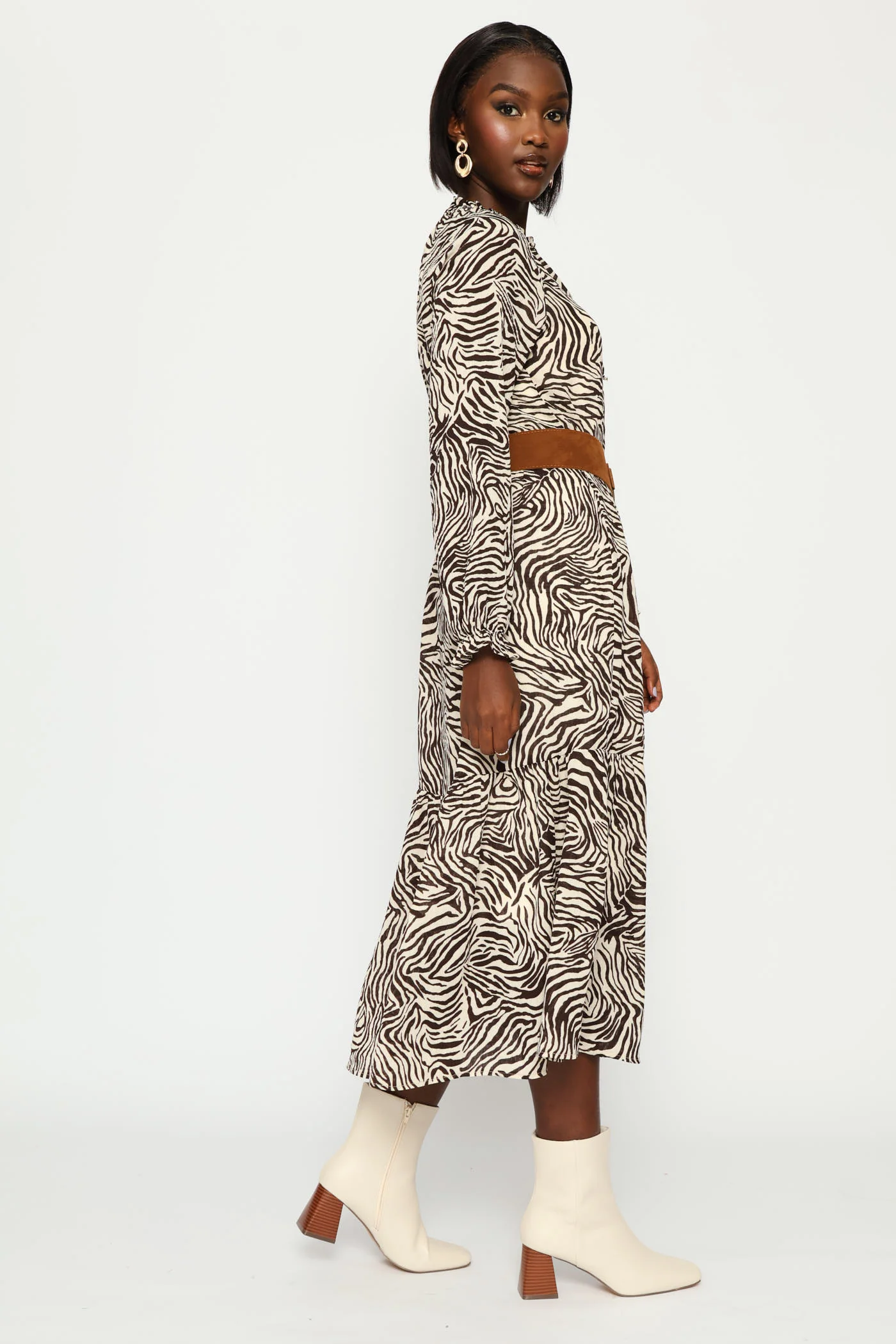 Long Sleeve Belted Boho Tiered Maxi Dress - White/Chocolate - Image 5