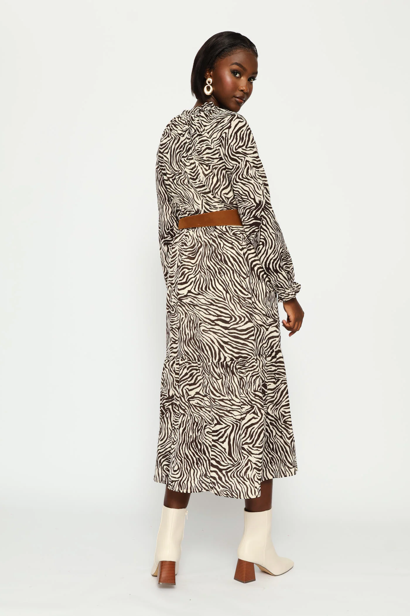 Long Sleeve Belted Boho Tiered Maxi Dress - White/Chocolate - Image 6