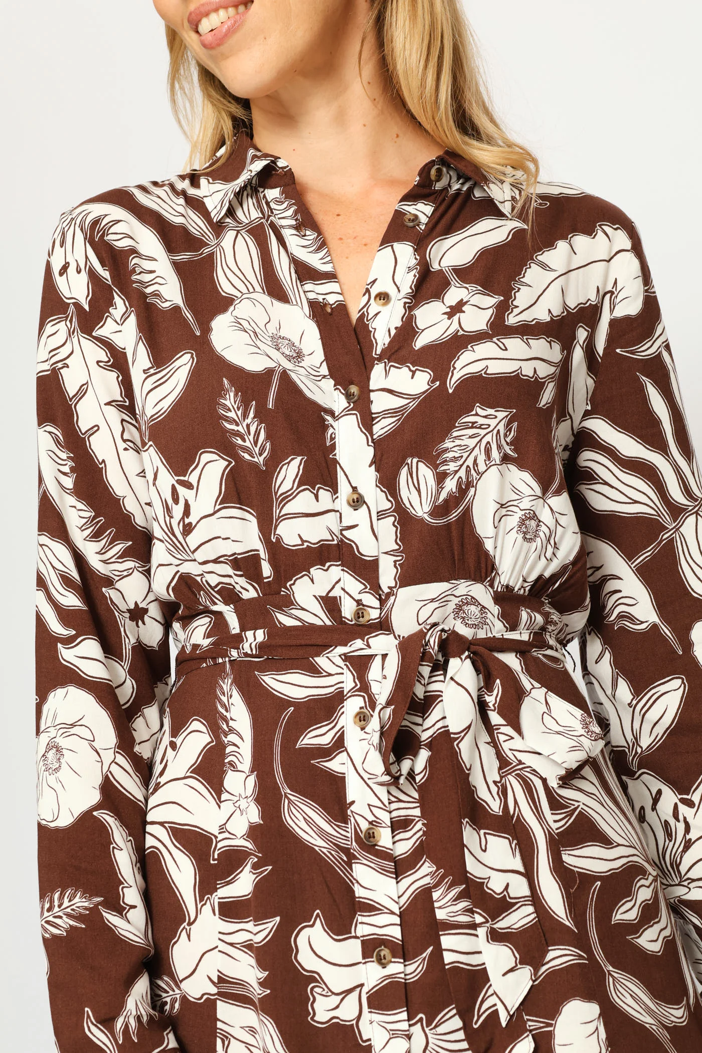 Long Sleeve Belted Border Midaxi Shirt Dress - Cream/Chocolate - Image 2