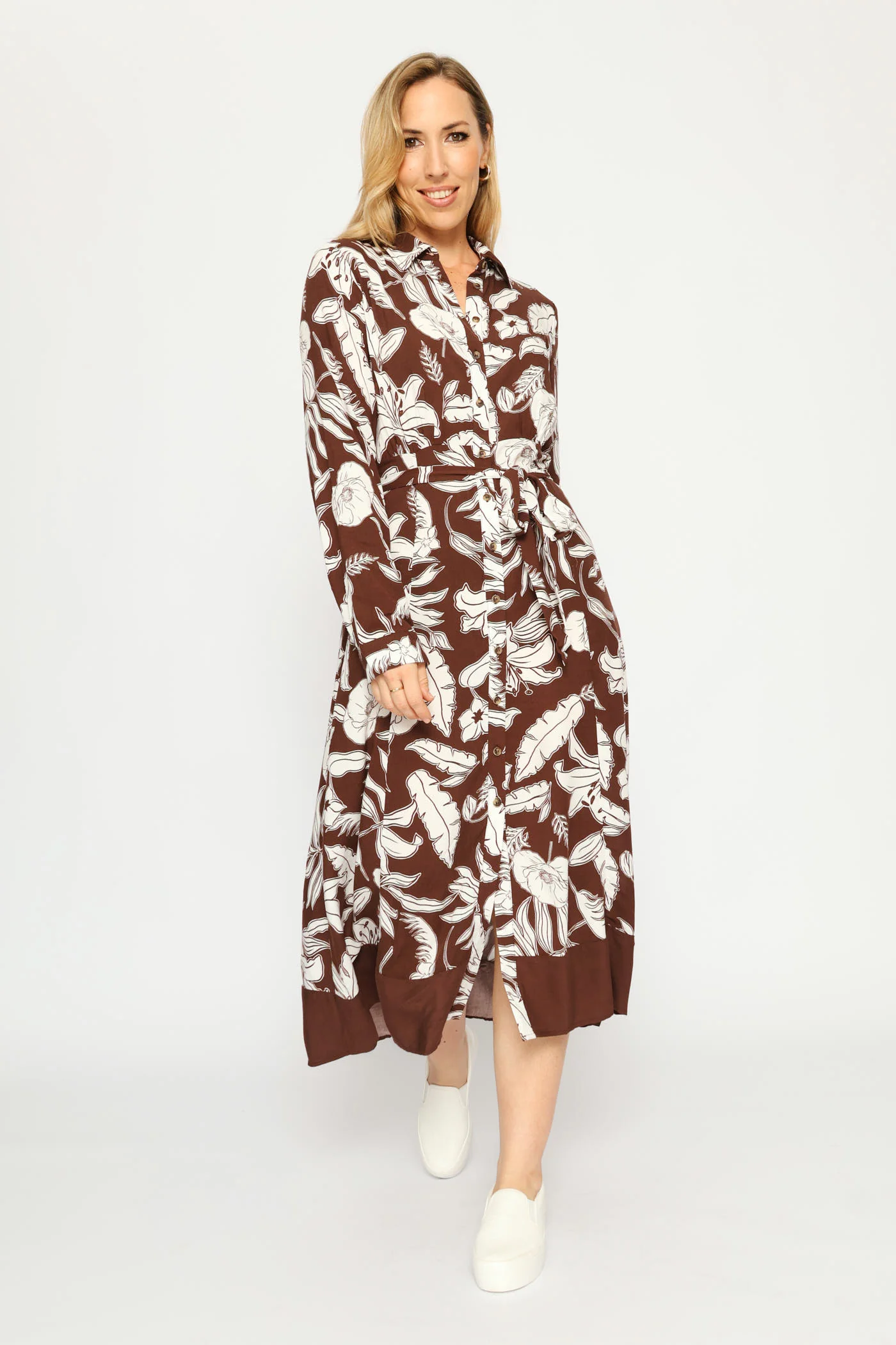 Long Sleeve Belted Border Midaxi Shirt Dress - Cream/Chocolate - Image 3