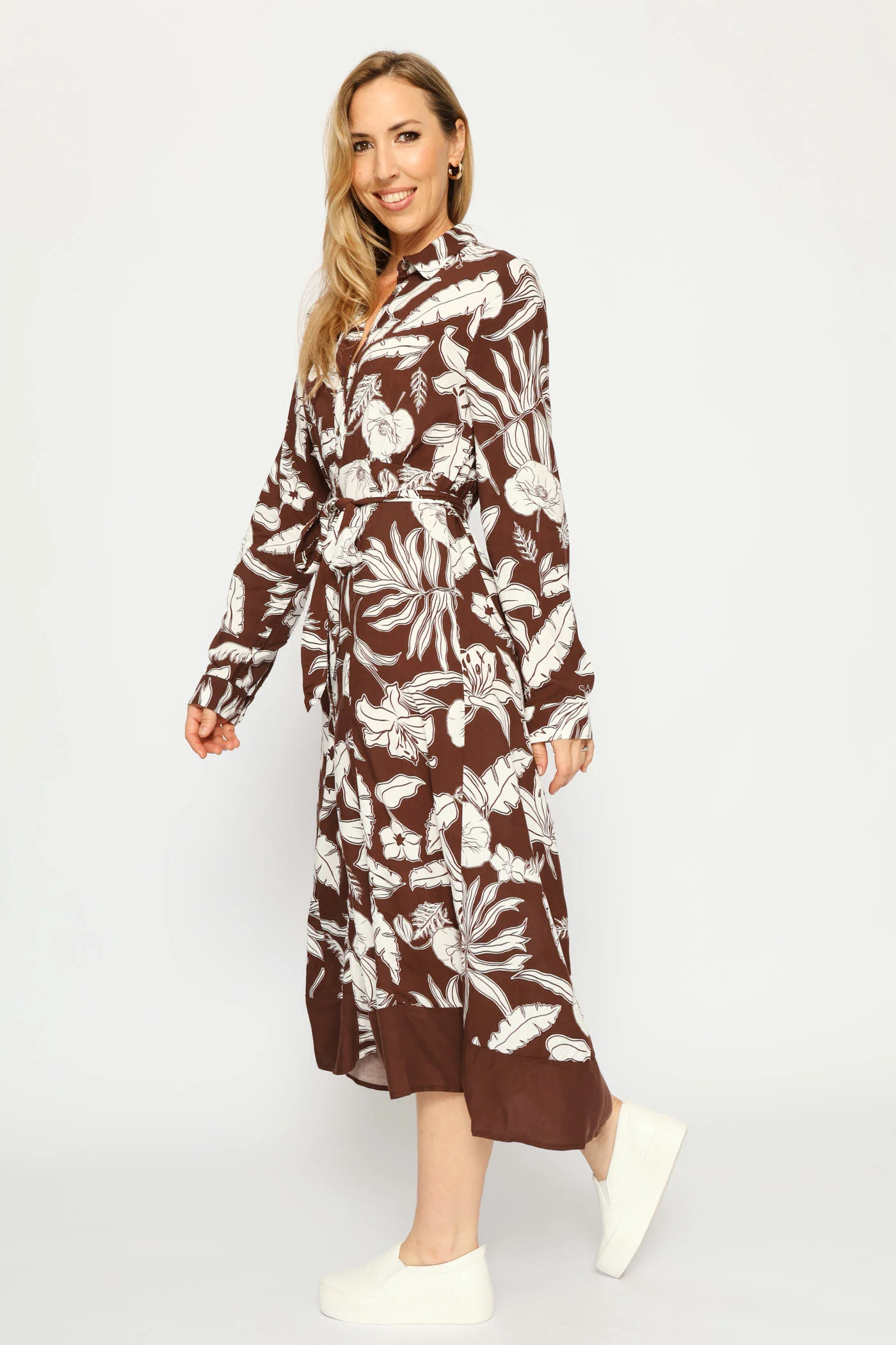 Long Sleeve Belted Border Midaxi Shirt Dress - Cream/Chocolate - Image 4