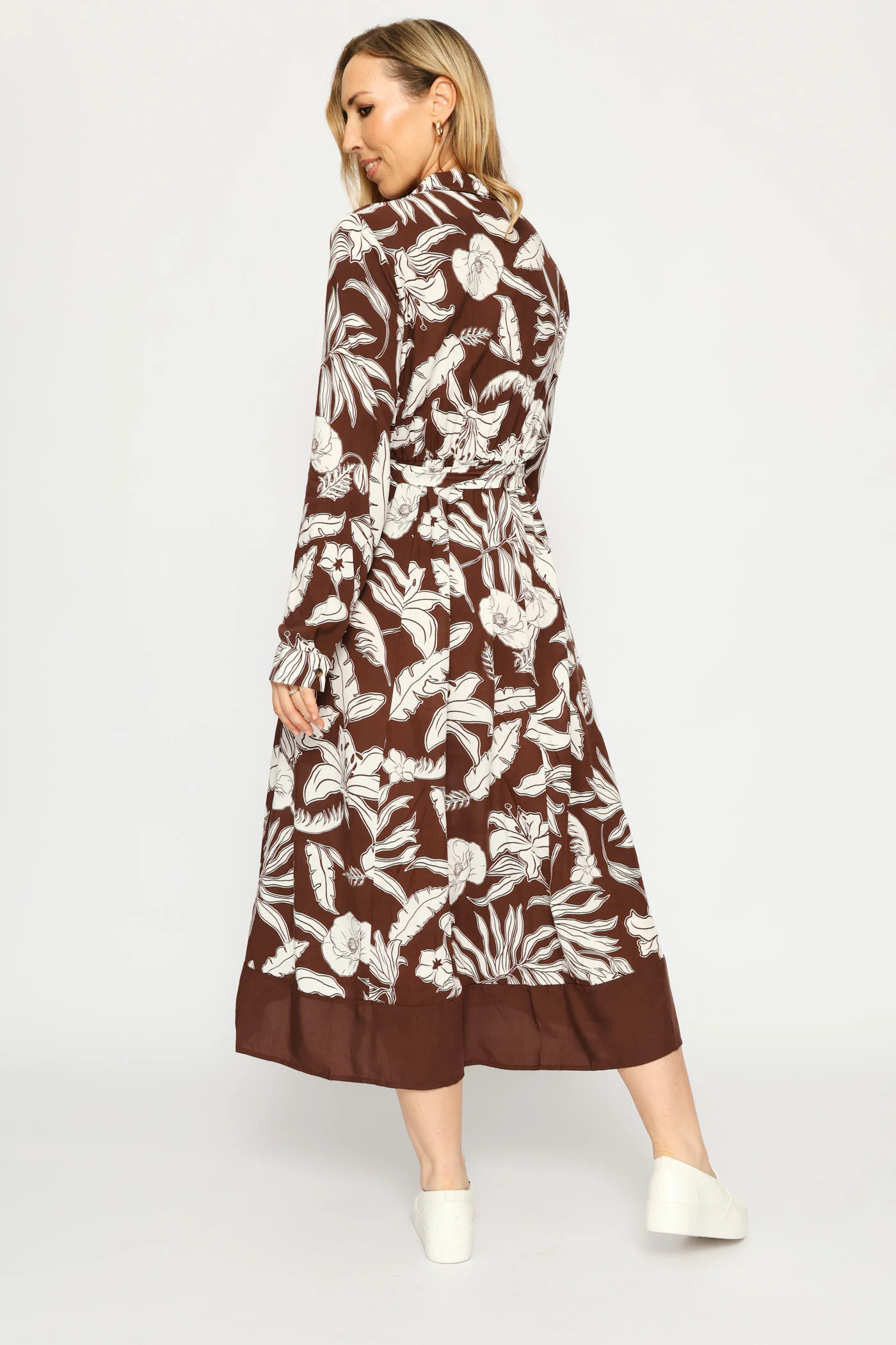 Long Sleeve Belted Border Midaxi Shirt Dress - Cream/Chocolate - Image 5
