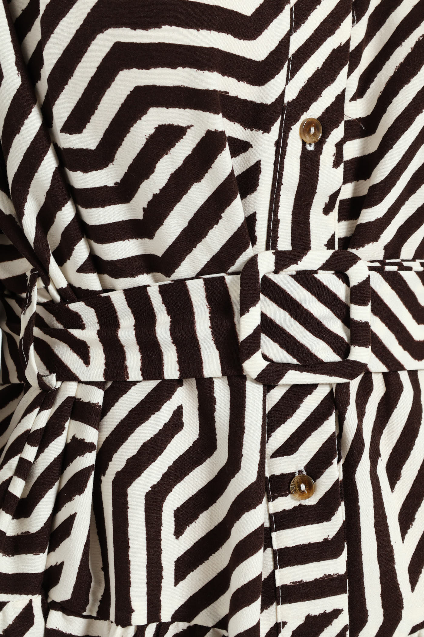 Long Sleeve Belted Tiered Collared Shirt Midi Dress - Brown/White - Image 2