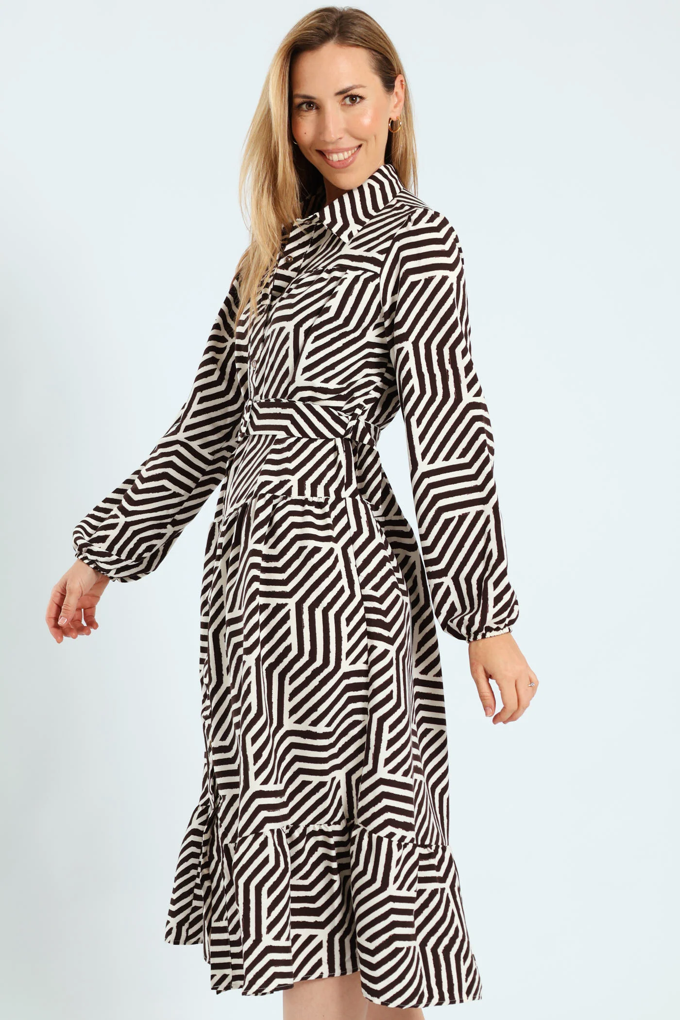 Long Sleeve Belted Tiered Collared Shirt Midi Dress - Brown/White - Image 3