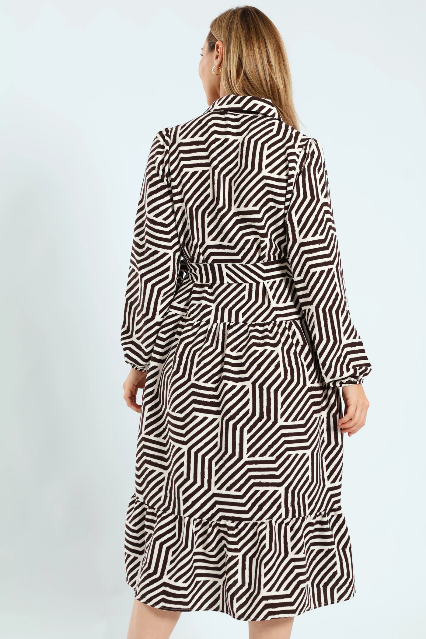 Long Sleeve Belted Tiered Collared Shirt Midi Dress - Brown/White - Image 4
