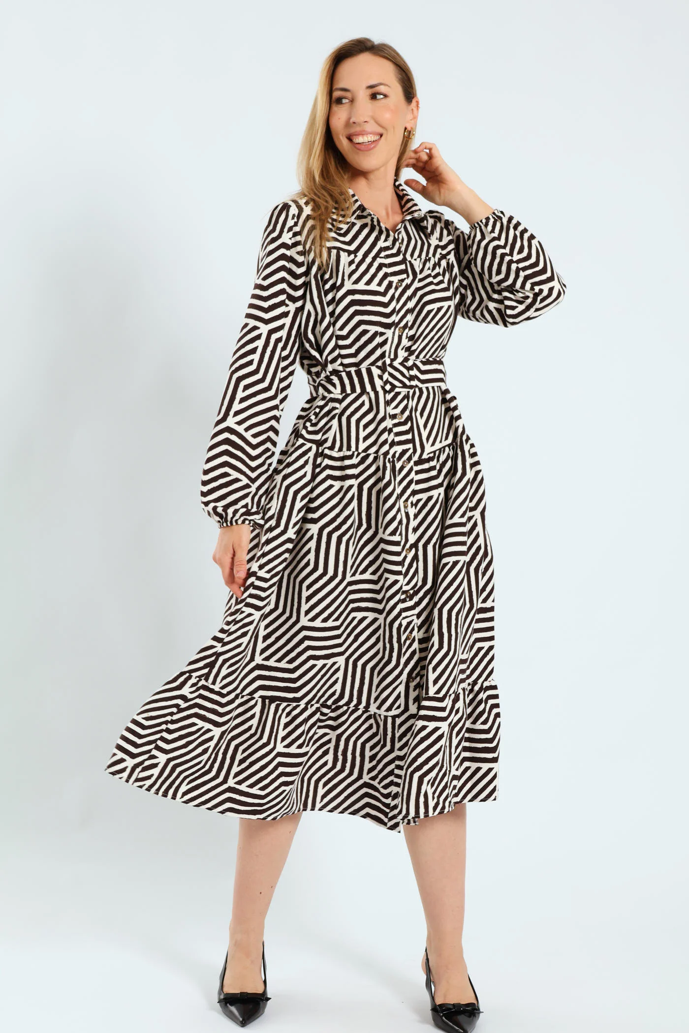 Long Sleeve Belted Tiered Collared Shirt Midi Dress - Brown/White - Image 6