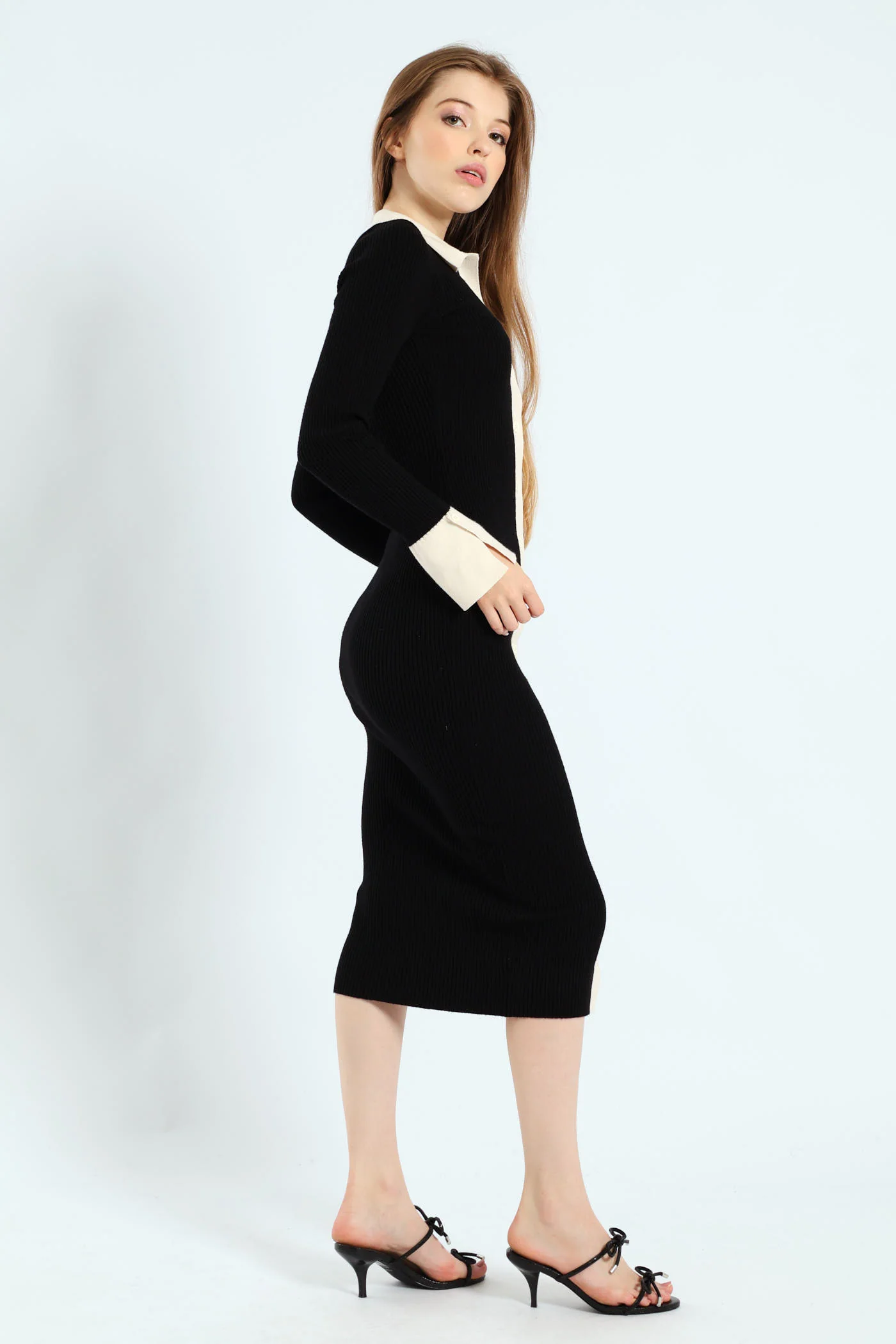 Long Sleeve Bodycon Midi Dress - Black/Cream - Image 2