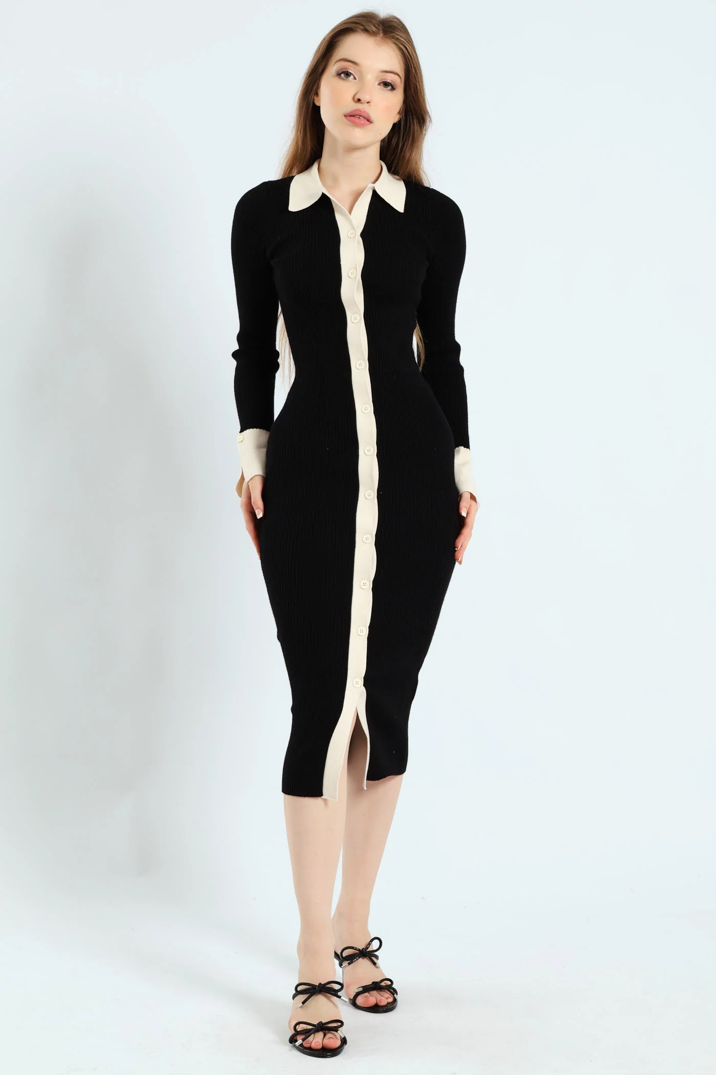 Long Sleeve Bodycon Midi Dress - Black/Cream - Image 3