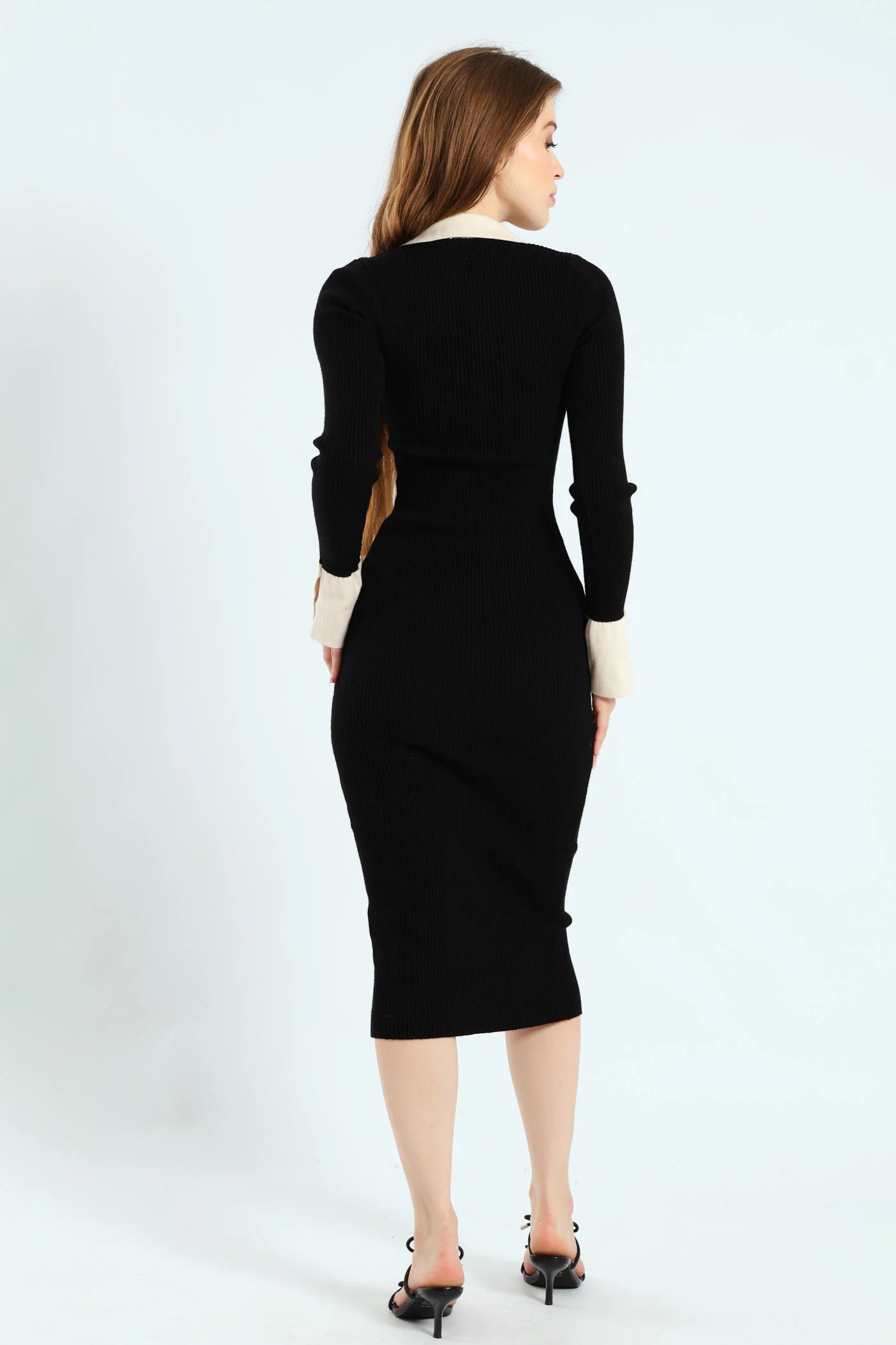 Long Sleeve Bodycon Midi Dress - Black/Cream - Image 4