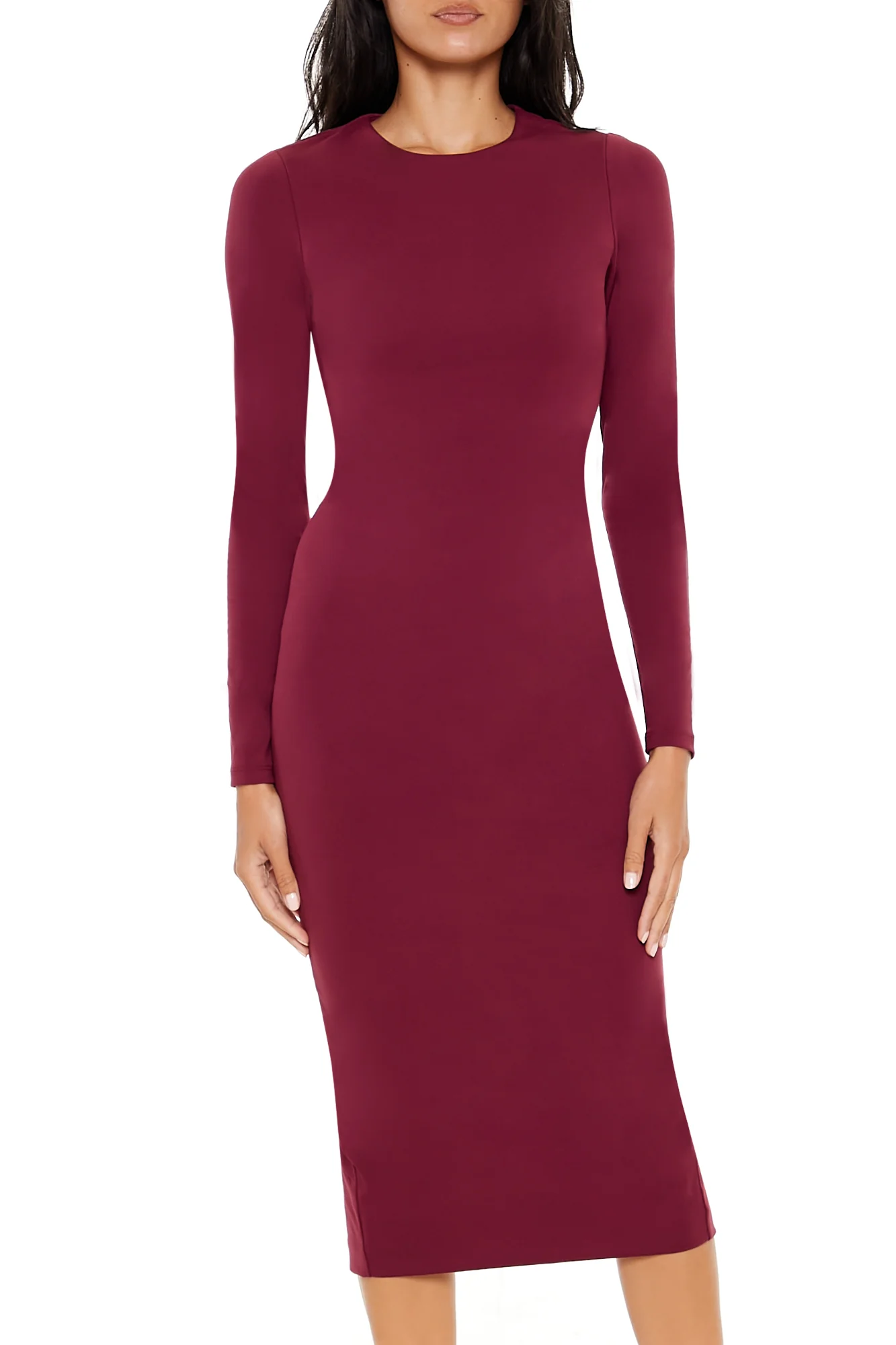 Long Sleeve Bodycon Midi Dress - Burgundy - Image 2
