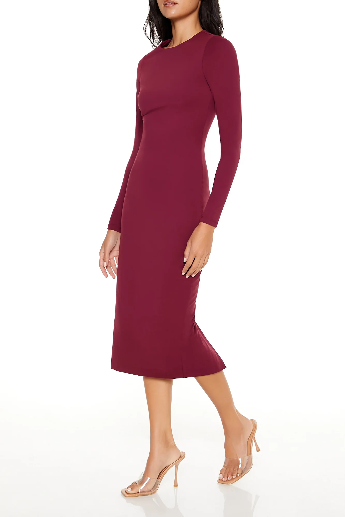 Long Sleeve Bodycon Midi Dress - Burgundy - Image 3