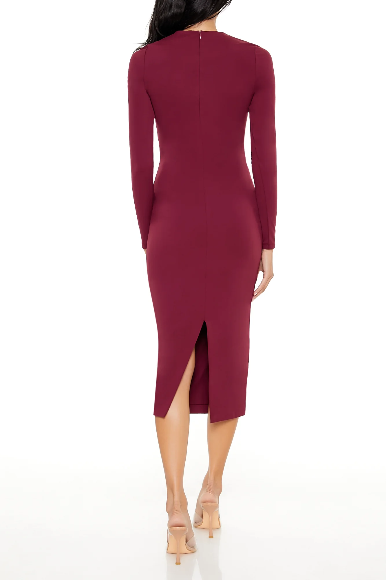 Long Sleeve Bodycon Midi Dress - Burgundy - Image 4