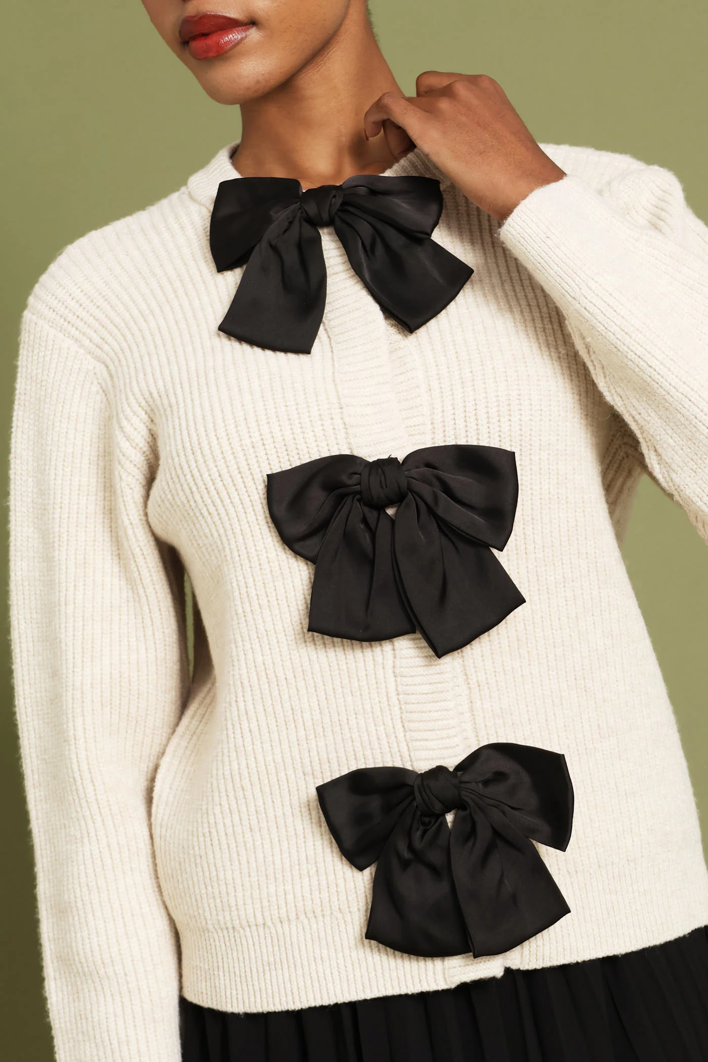Long Sleeve Bow Detail Cardigan - Oatmeal - Image 2