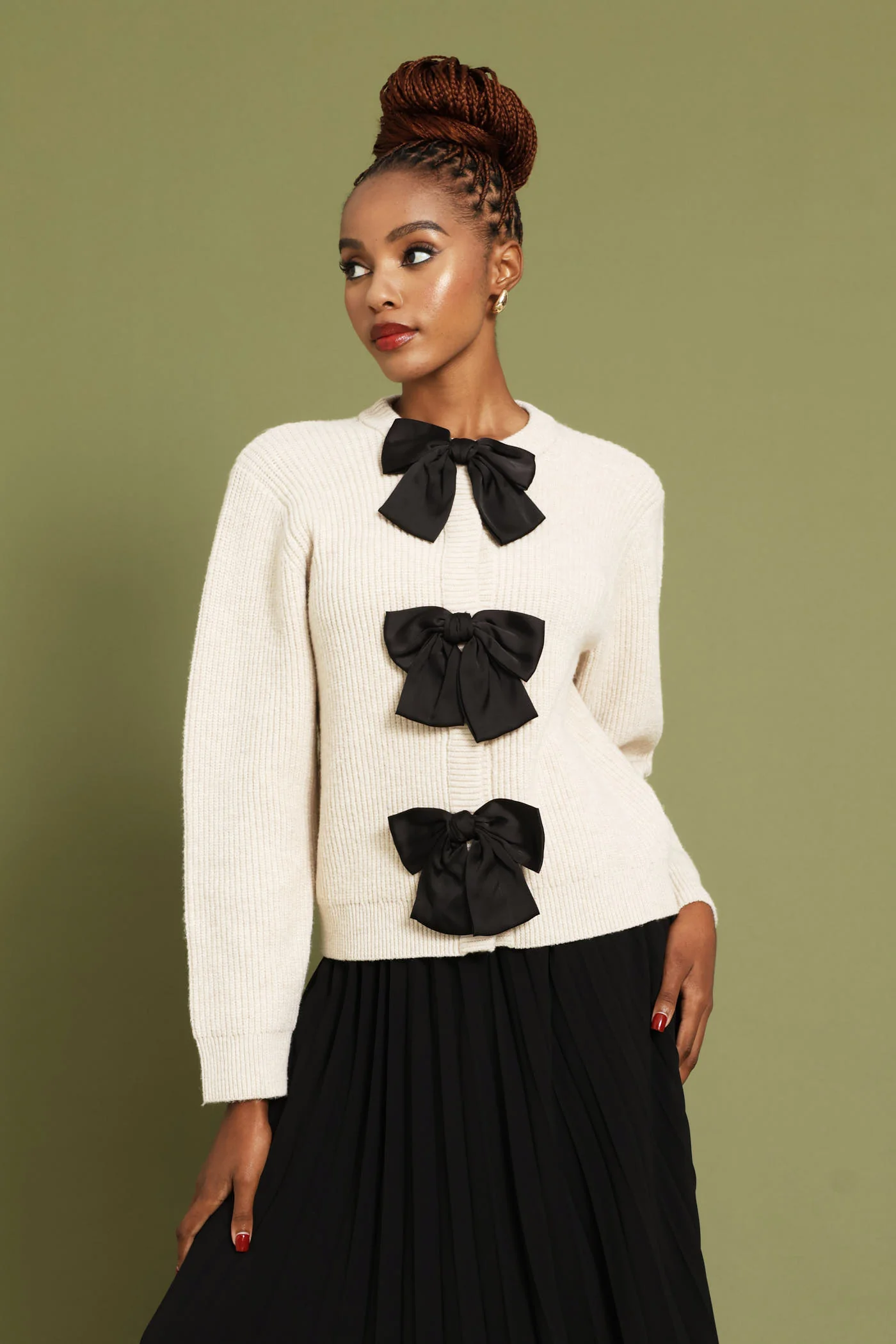 Long Sleeve Bow Detail Cardigan - Oatmeal - Image 3