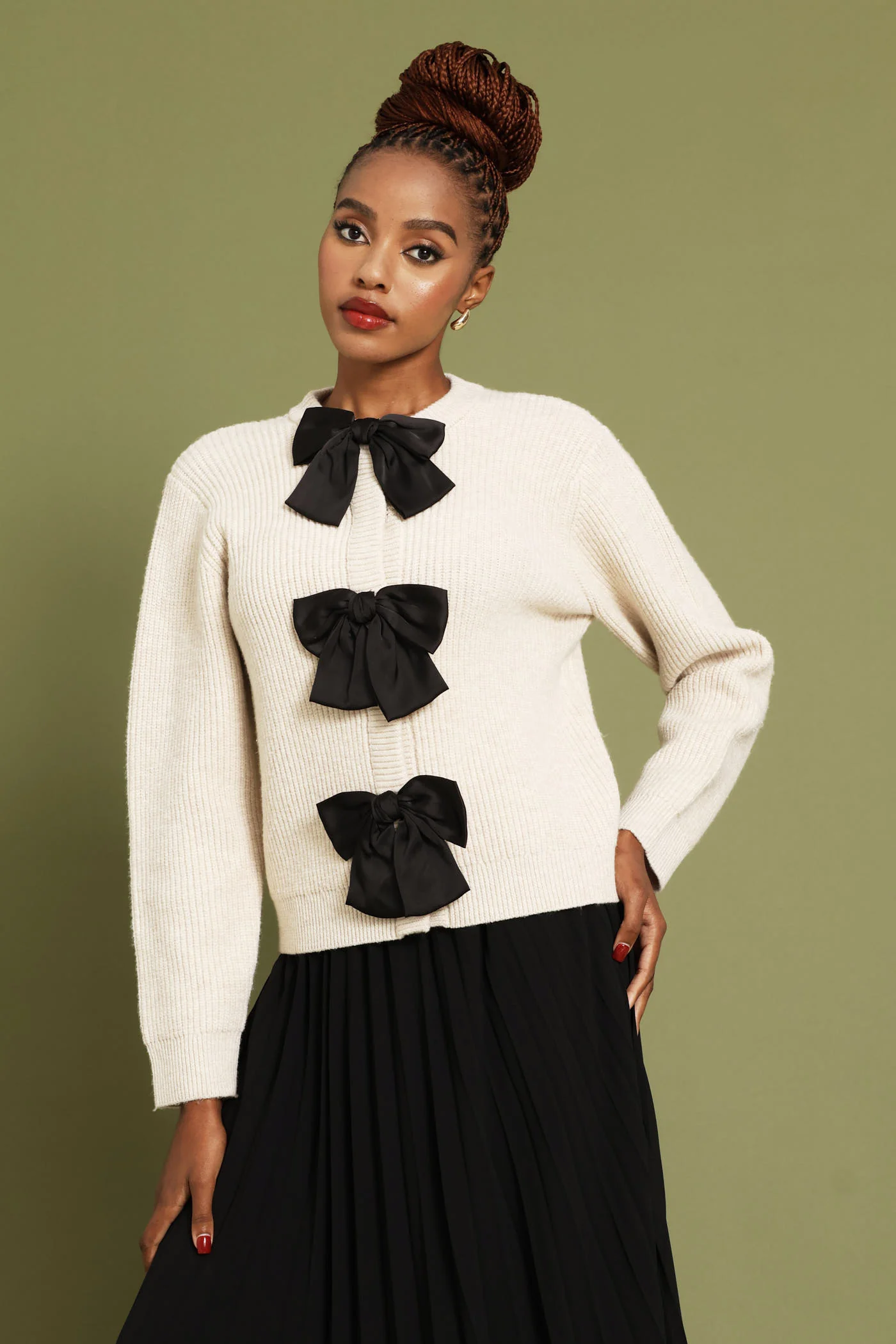 Long Sleeve Bow Detail Cardigan - Oatmeal - Image 4
