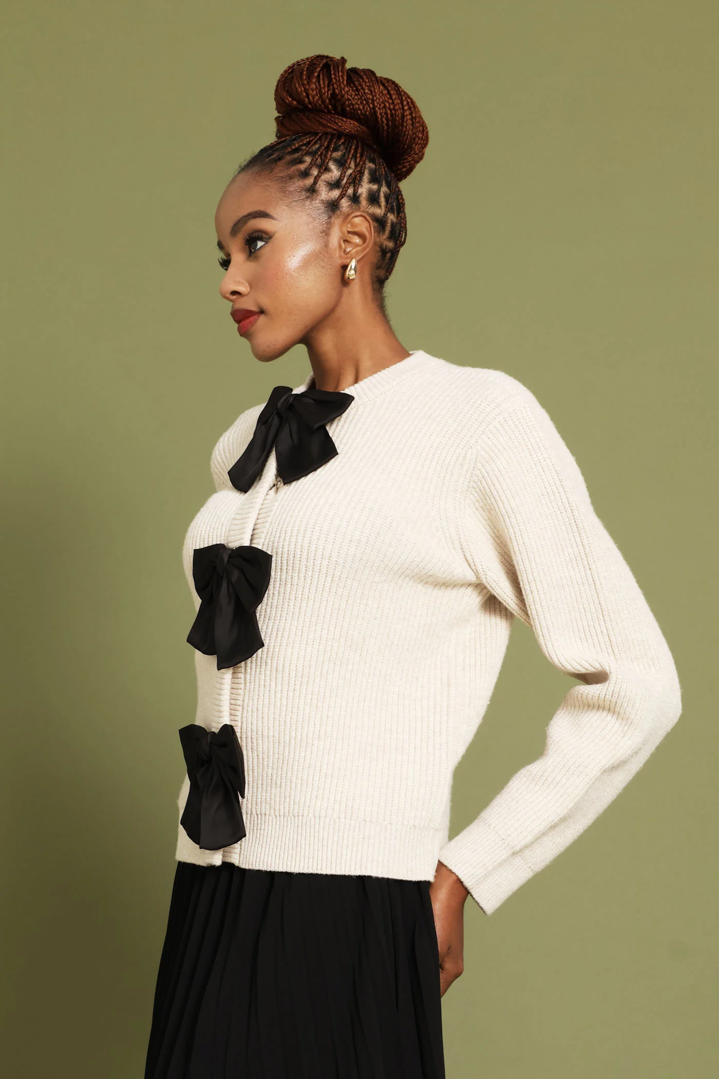 Long Sleeve Bow Detail Cardigan - Oatmeal - Image 5