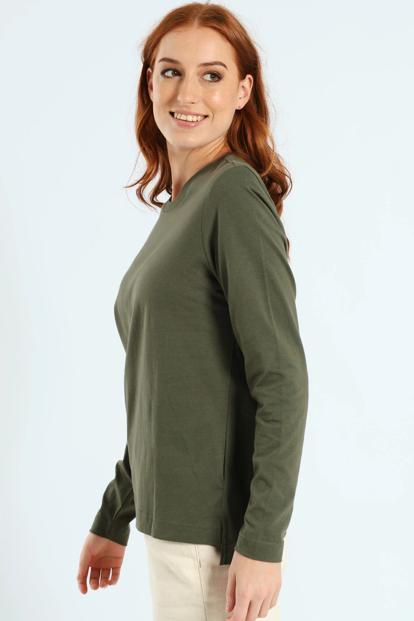 Long Sleeve Boxy Step Hem Crewneck Top - Military Green - Image 2